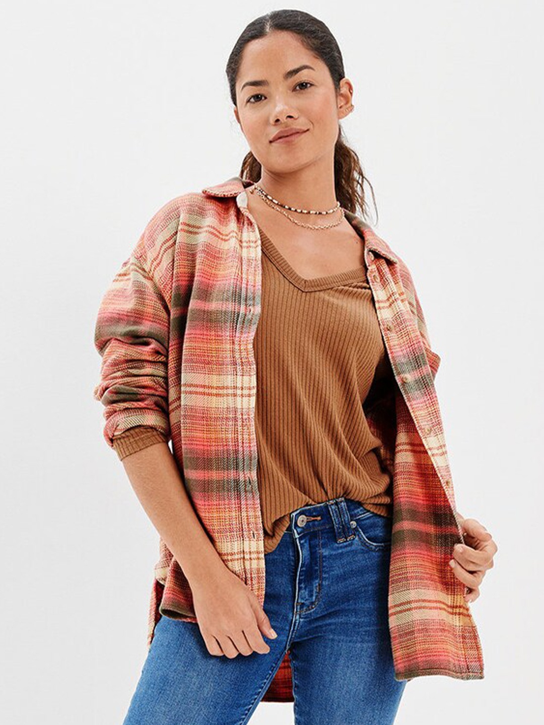 

AMERICAN EAGLE OUTFITTERS Tartan Checked Spread Collar Long Sleeves Oversized Casual Shirt, Orange