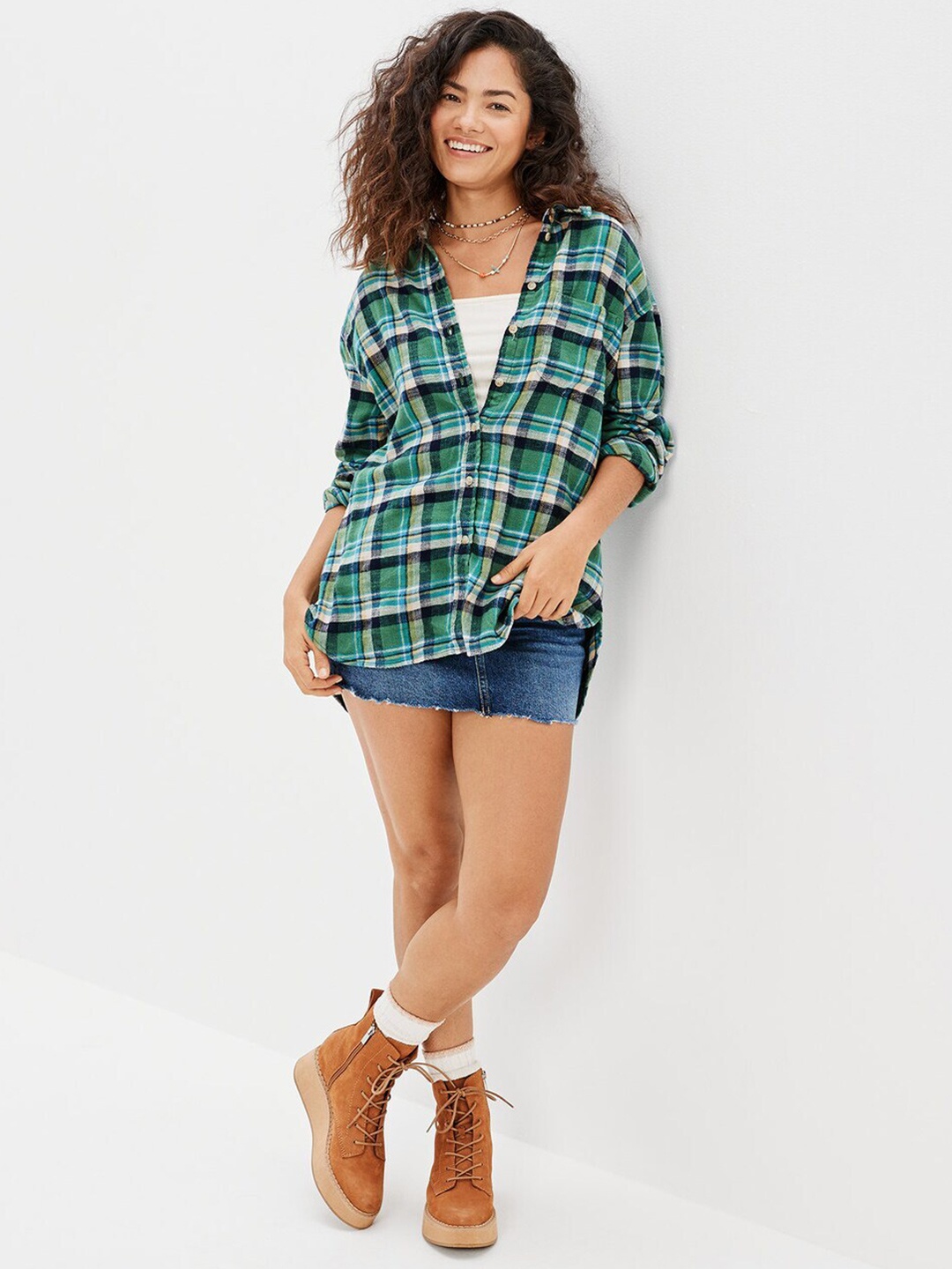 

AMERICAN EAGLE OUTFITTERS Tartan Checks Cotton Opaque Checked Oversized Casual Shirt, Green