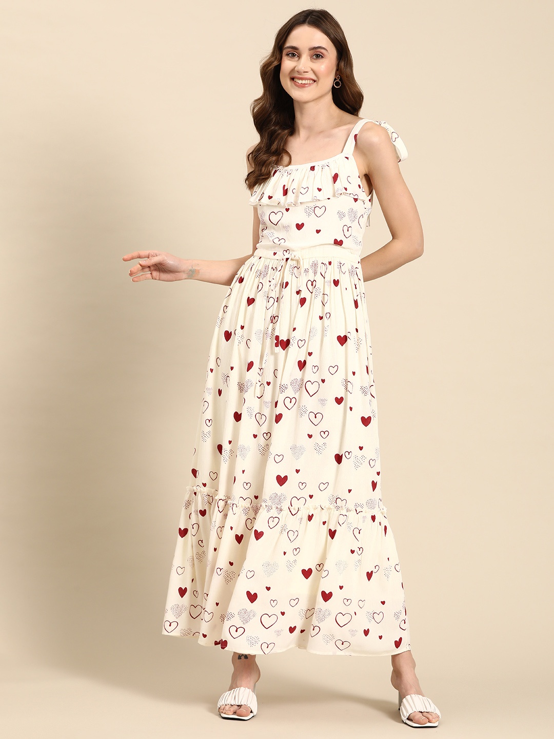 

anayna Conversational Print Crepe A-Line Tiered Maxi Dress, White
