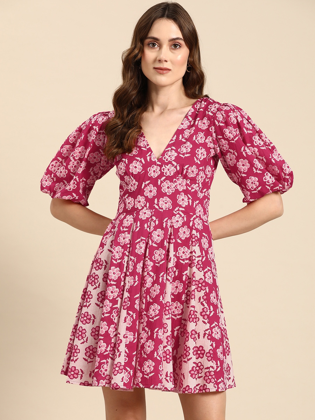 

anayna Floral Print Puff Sleeves Fit & Flare Mini Dress, Fuchsia