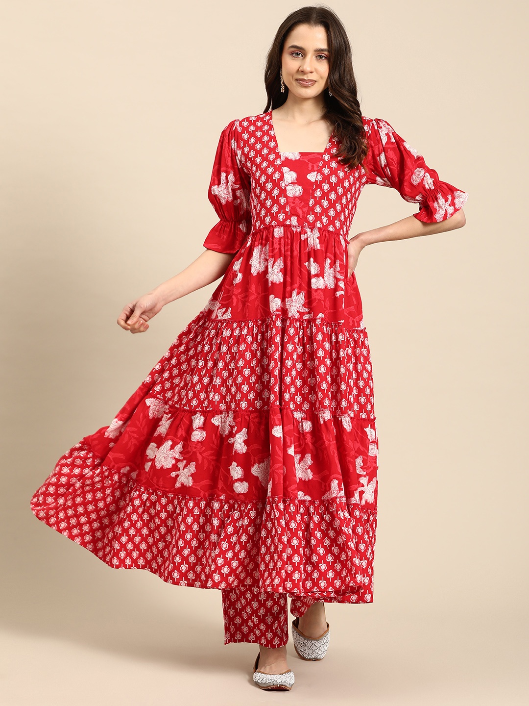 

anayna Ethnic Motifs Printed Tiered Kurta with Palazzos, Red