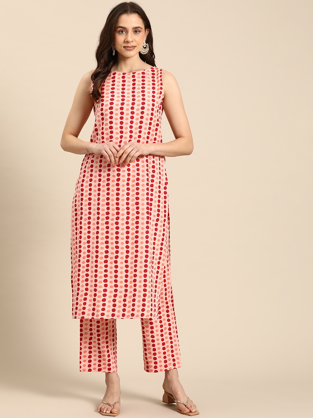 

anayna Polka Dots Printed Boat Neck Kurta with Trousers, Pink