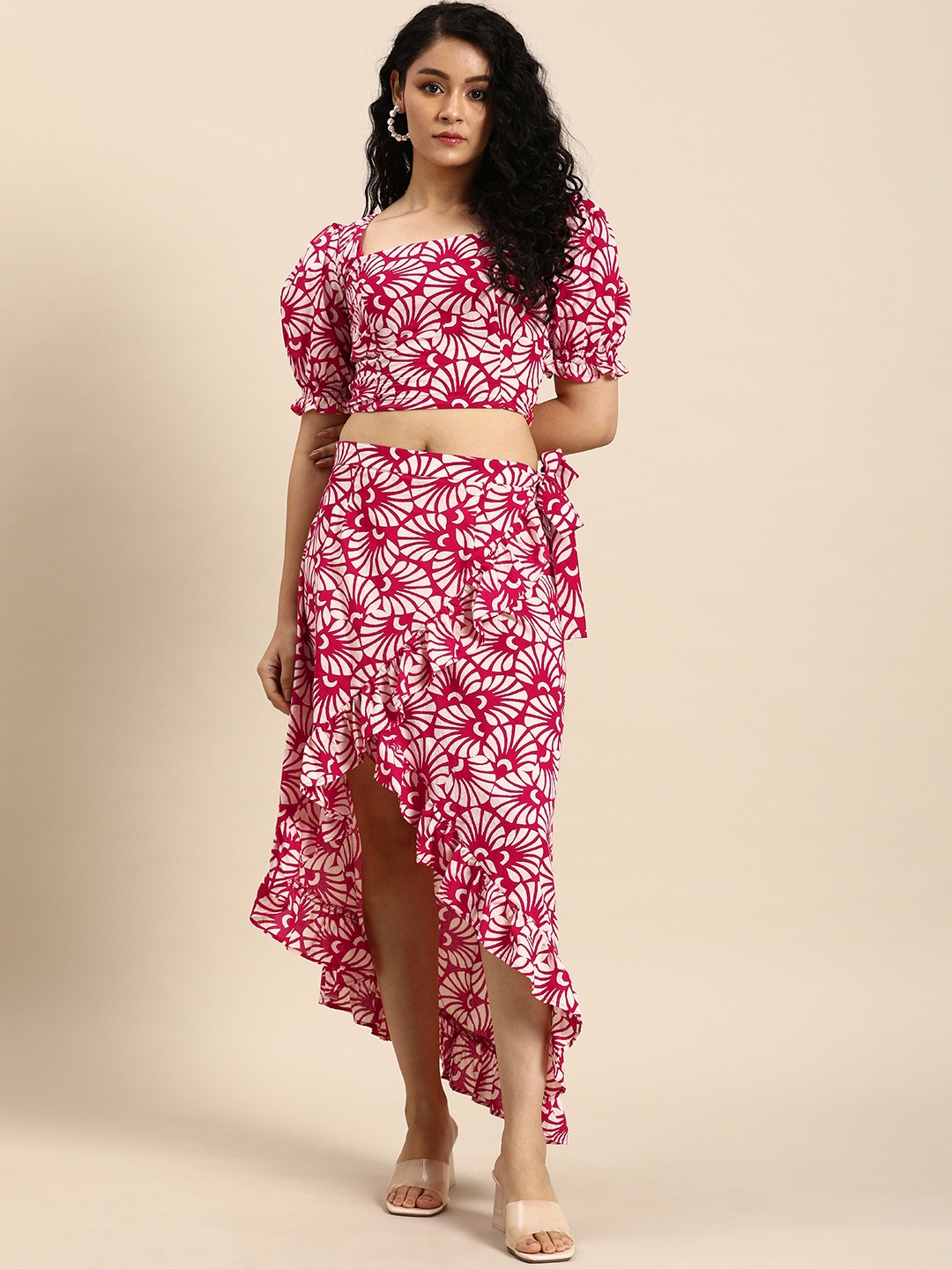 

Anayna Printed Pure Cotton Puff Sleeves Top With Ruffled Wrap Skirt, Red