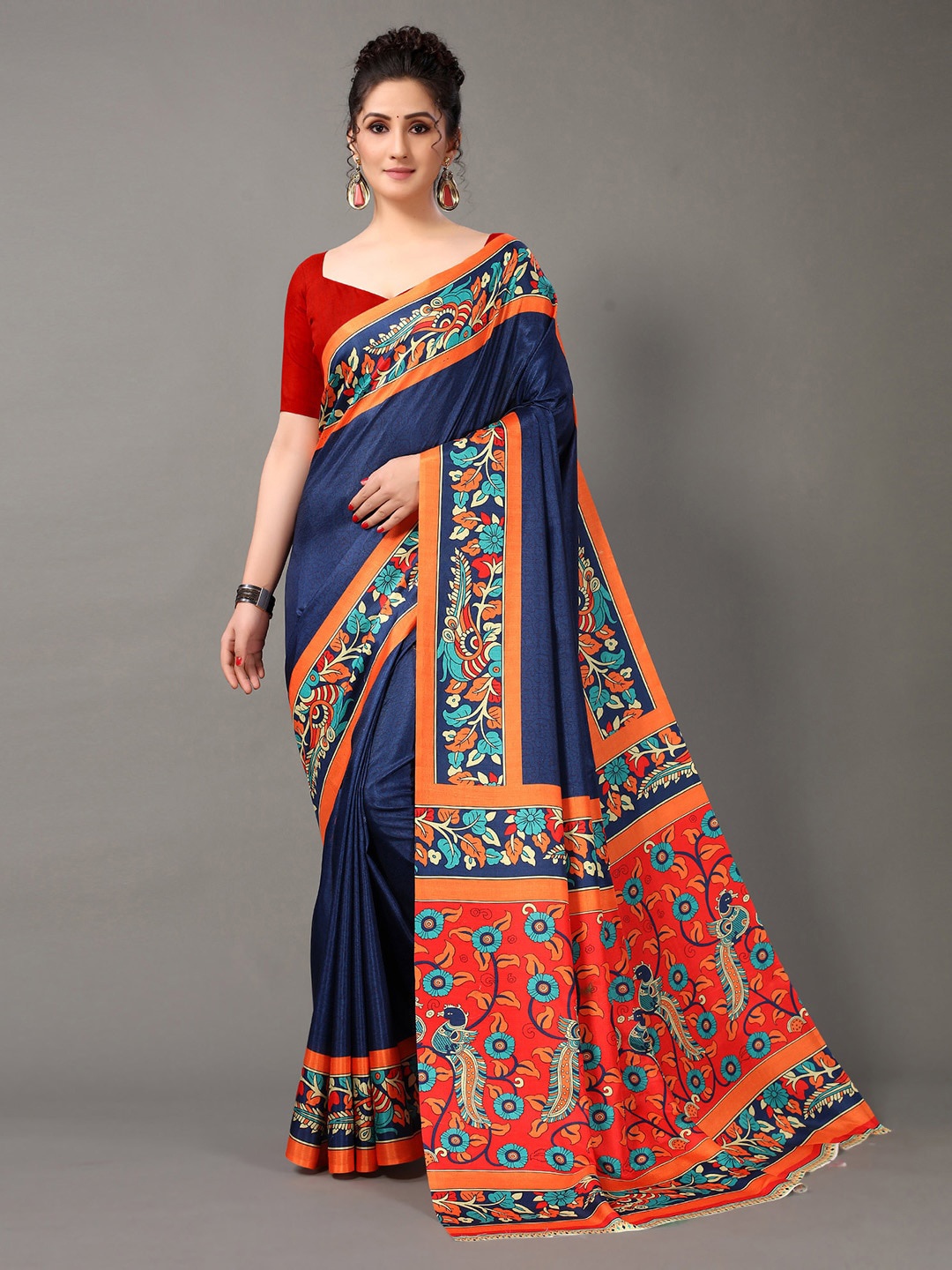 

KALINI Ethnic Motifs Brasso Saree, Navy blue