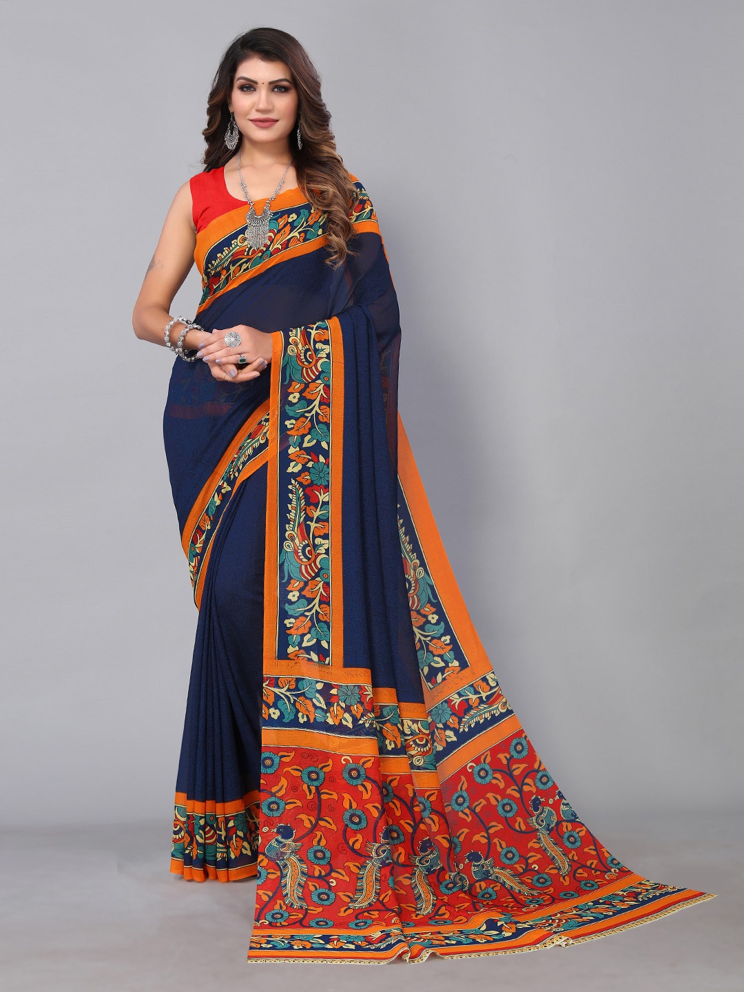 

KALINI Ethnic Motifs Printed Border Saree, Navy blue