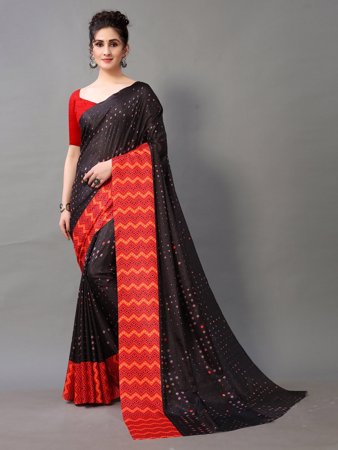 

KALINI Polka Dots Printed Silk Blend Saree, Black