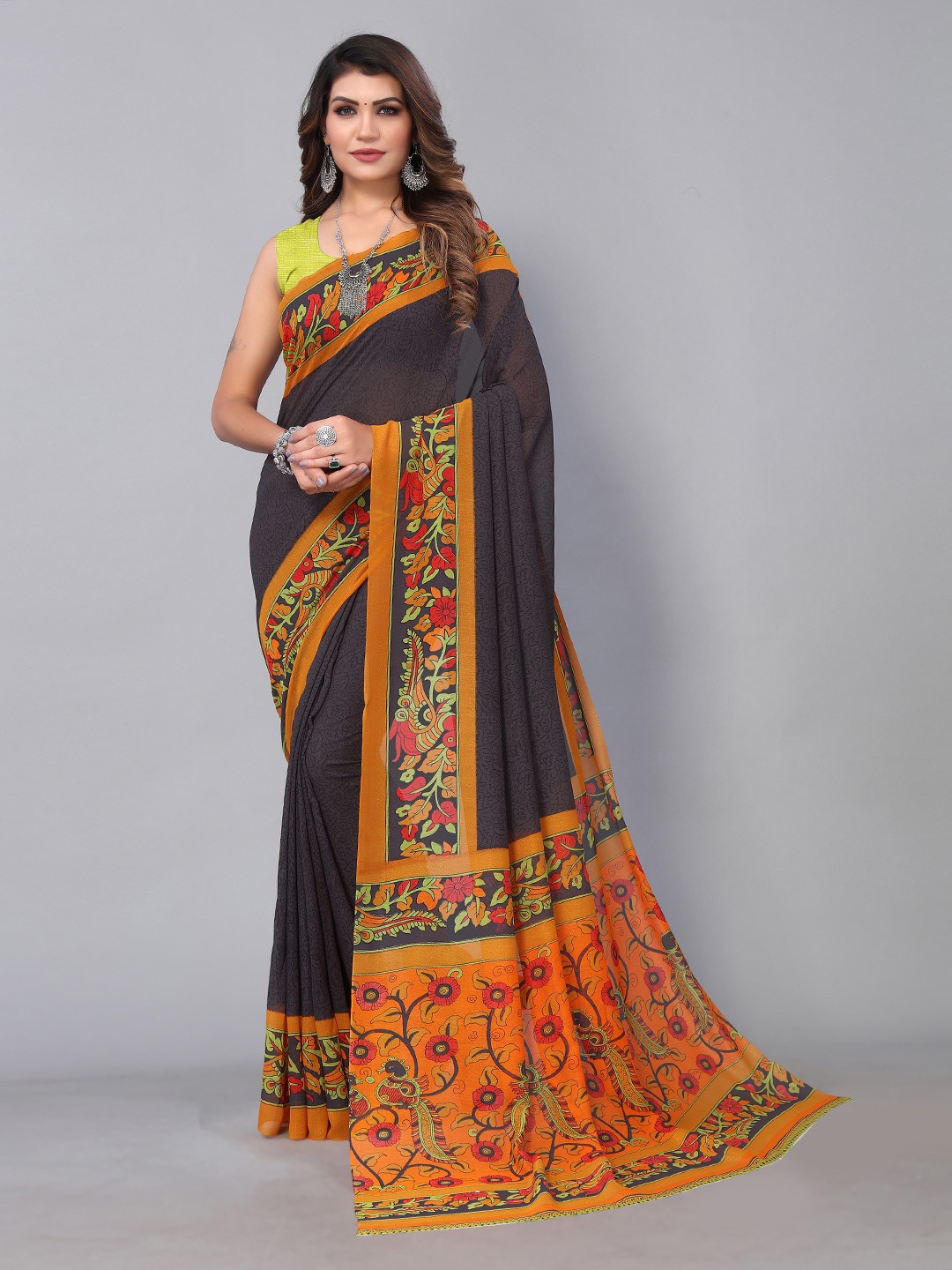 

KALINI Ethnic Motifs Printed Border Saree, Grey