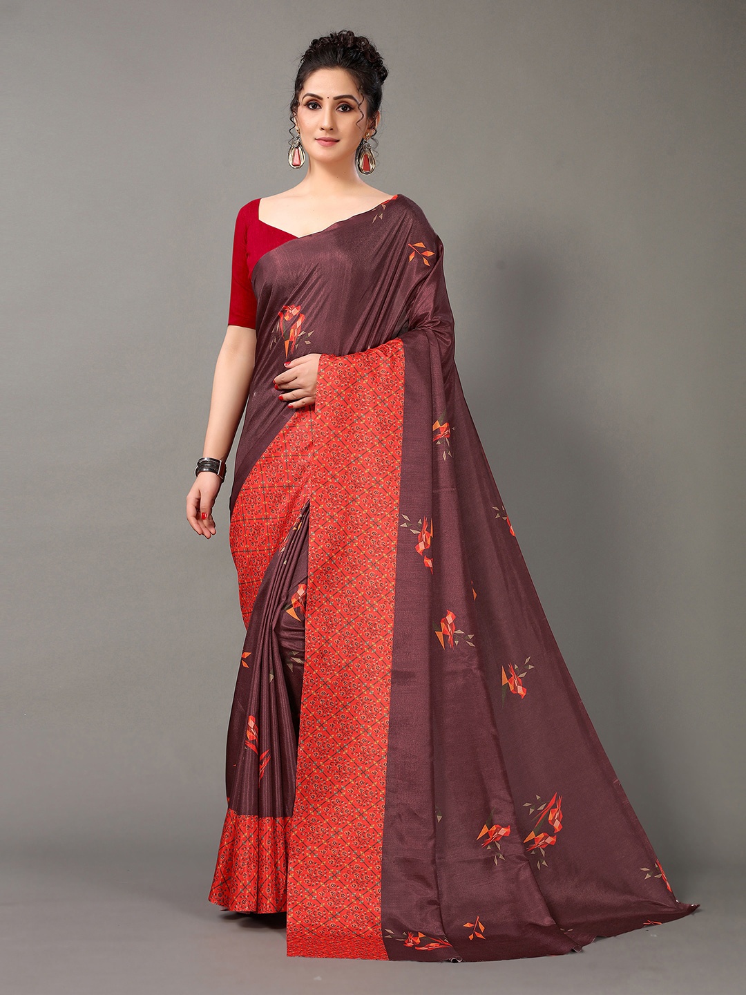 

KALINI Floral Silk Blend Saree, Brown