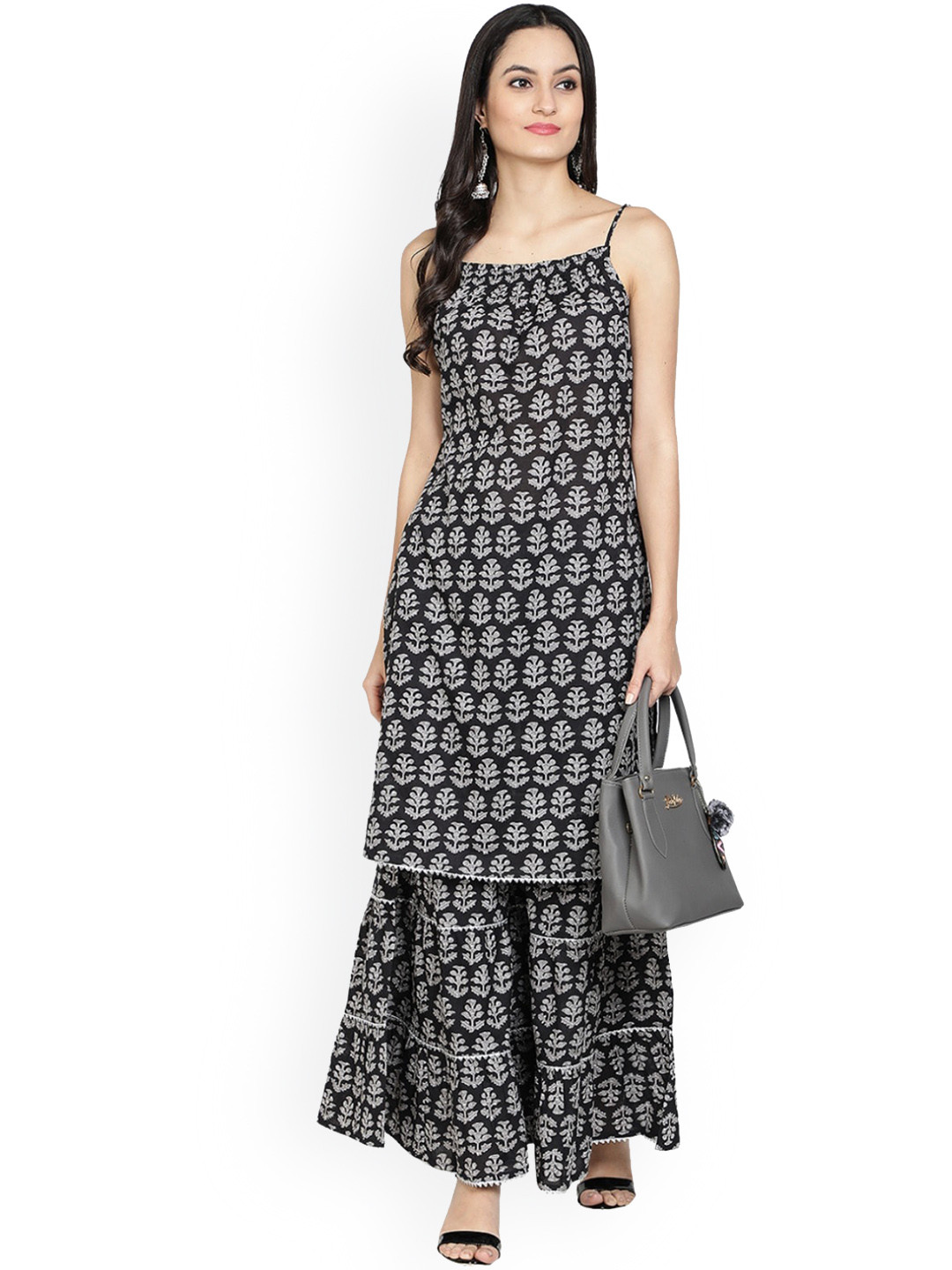 

BAESD Floral Printed Regular Pure Cotton Shoulder Straps Neck Kurta with Sharara, Black