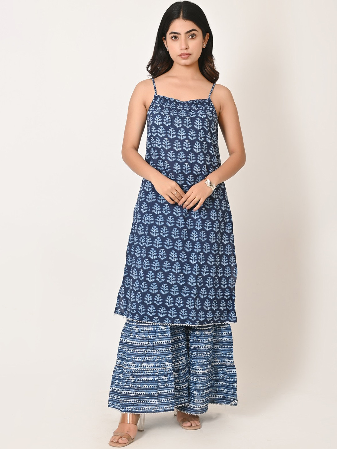 

BAESD Floral Shoulder Straps sleeveless Printed Regular Pure Cotton Kurta with Sharara, Blue