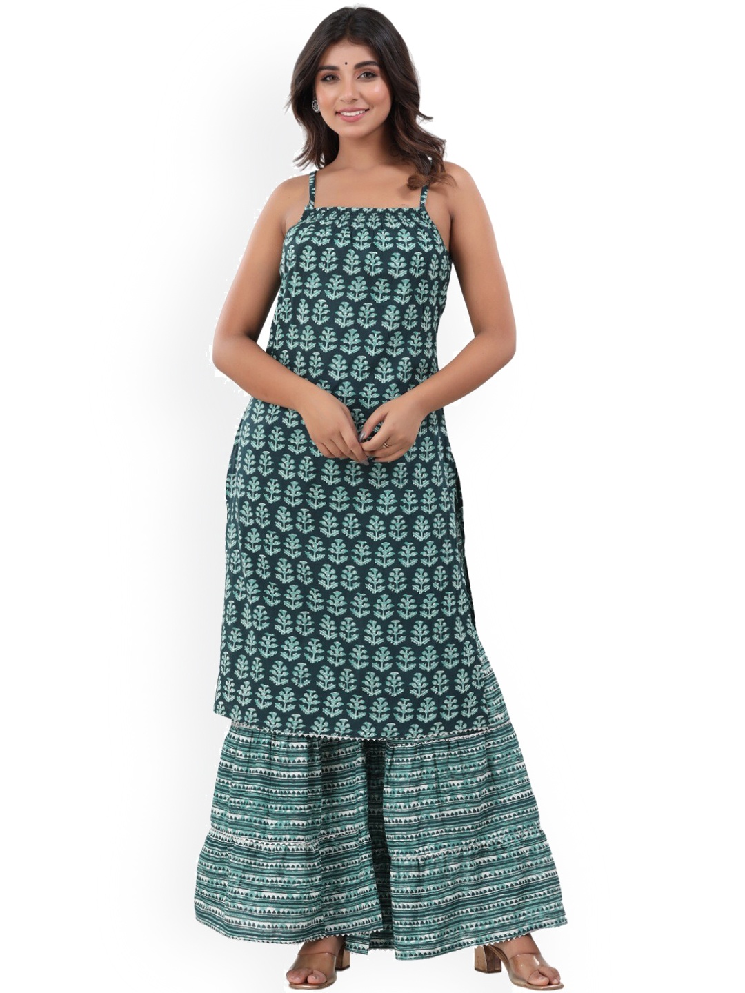 

BAESD Shoulder strap Ethnic Motifs Printed Regula Pure Cotton Kurta with Sharara, Green