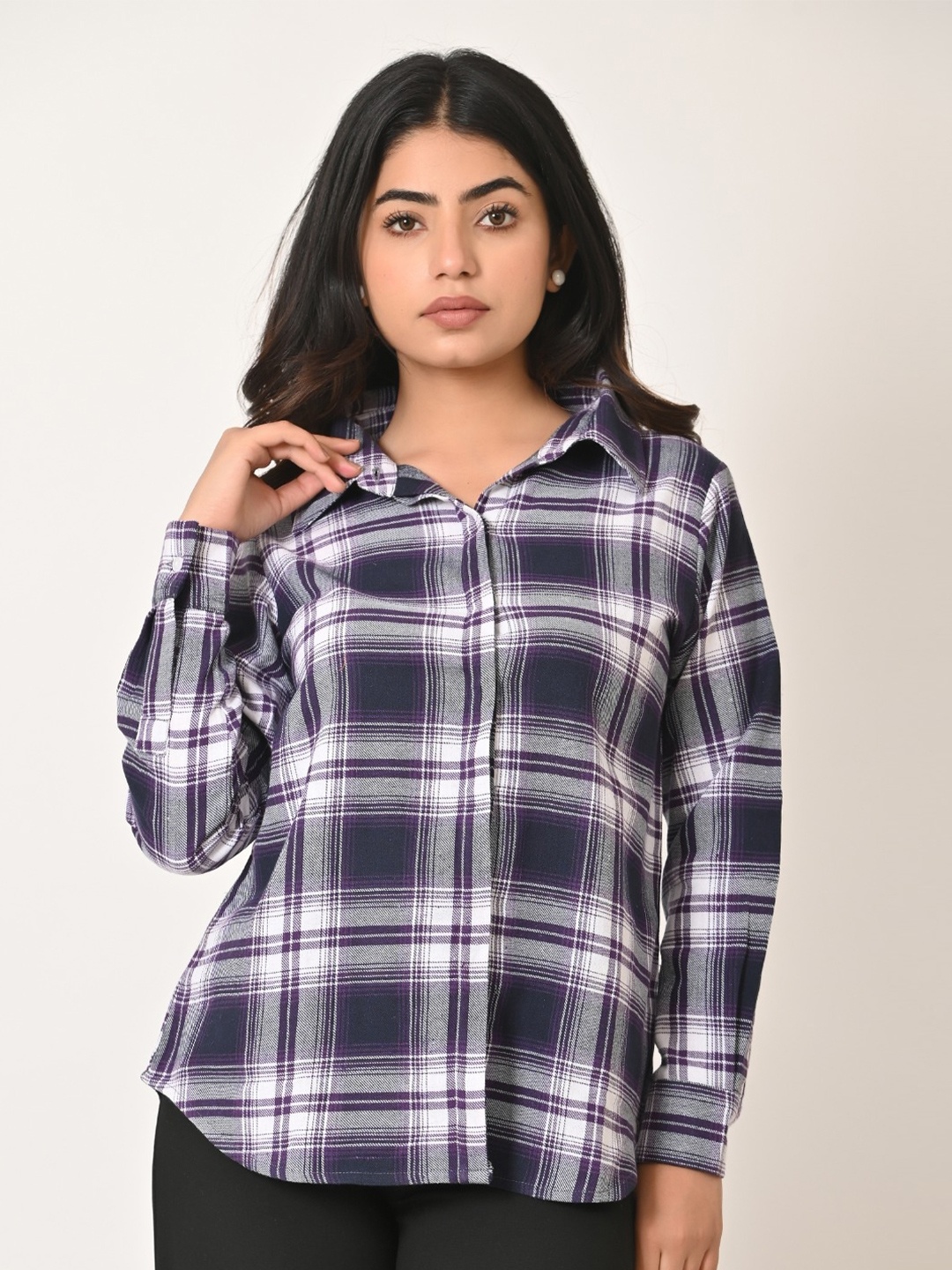 

BAESD Tartan Checks Spread Collar Long Sleeves Cotton Casual Shirt, Purple