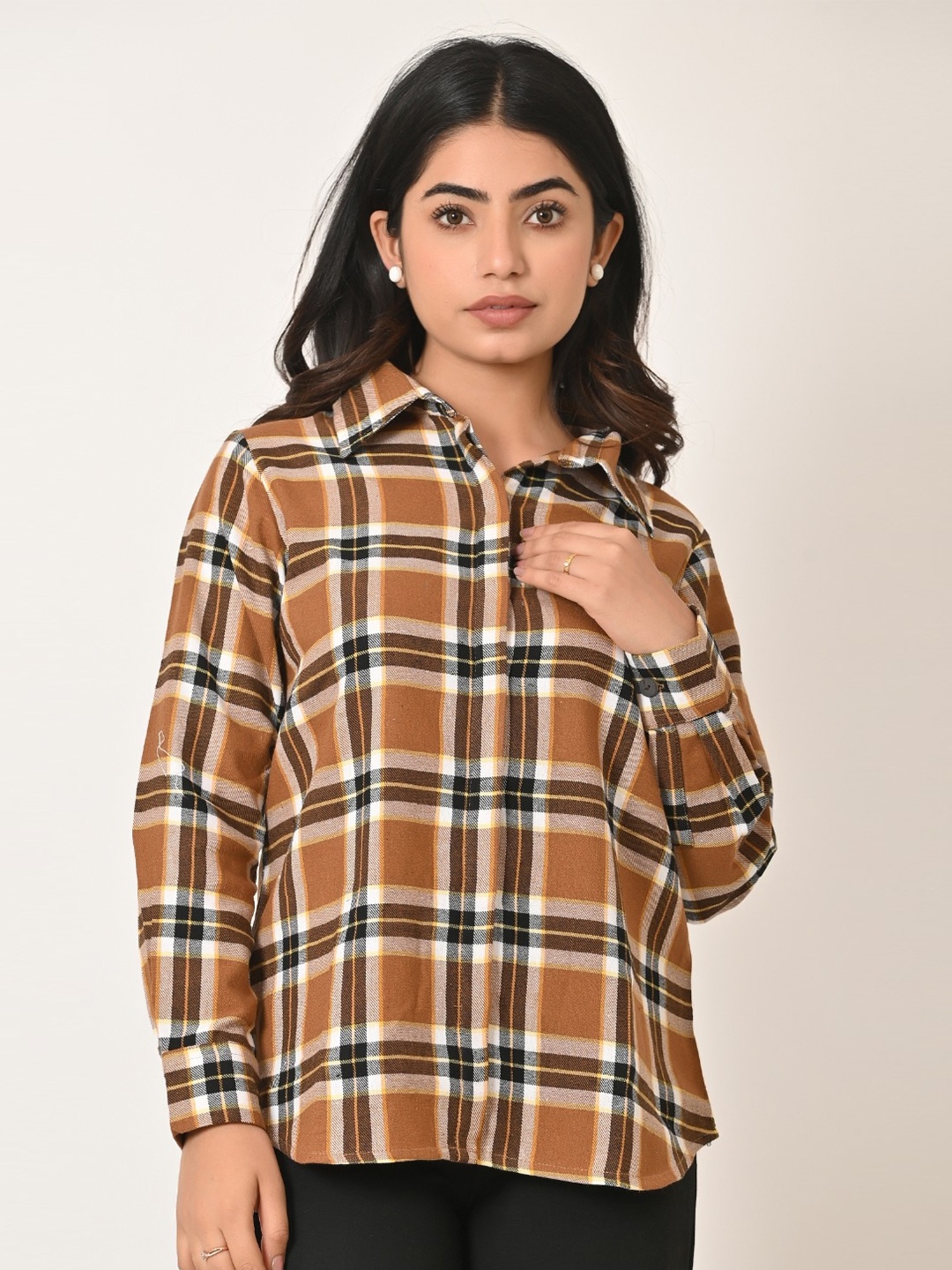 

BAESD Tartan Checked Spread Collar Long Sleeves Cotton Casual Shirt, Camel brown