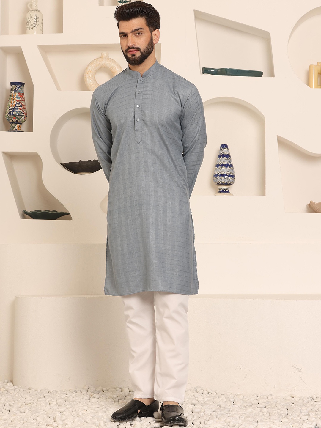 

Armaan Ethnic Striped Mandarin Collar Pure Cotton Straight Kurta With Pyjama, Grey