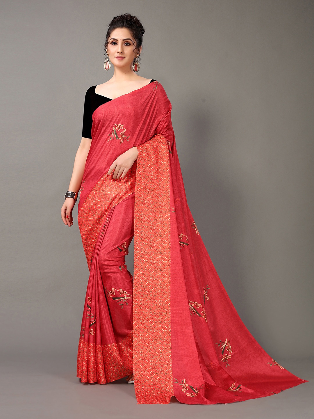 

HRITIKA Floral Printed Saree, Red