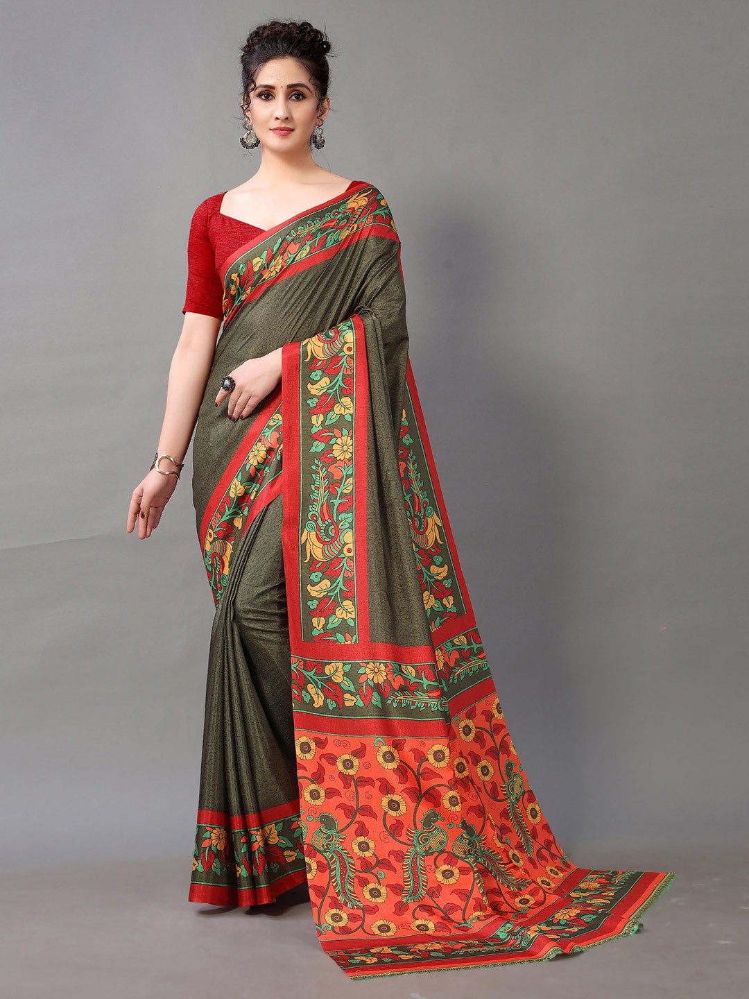 

HRITIKA Floral Printed Brasso Saree, Green