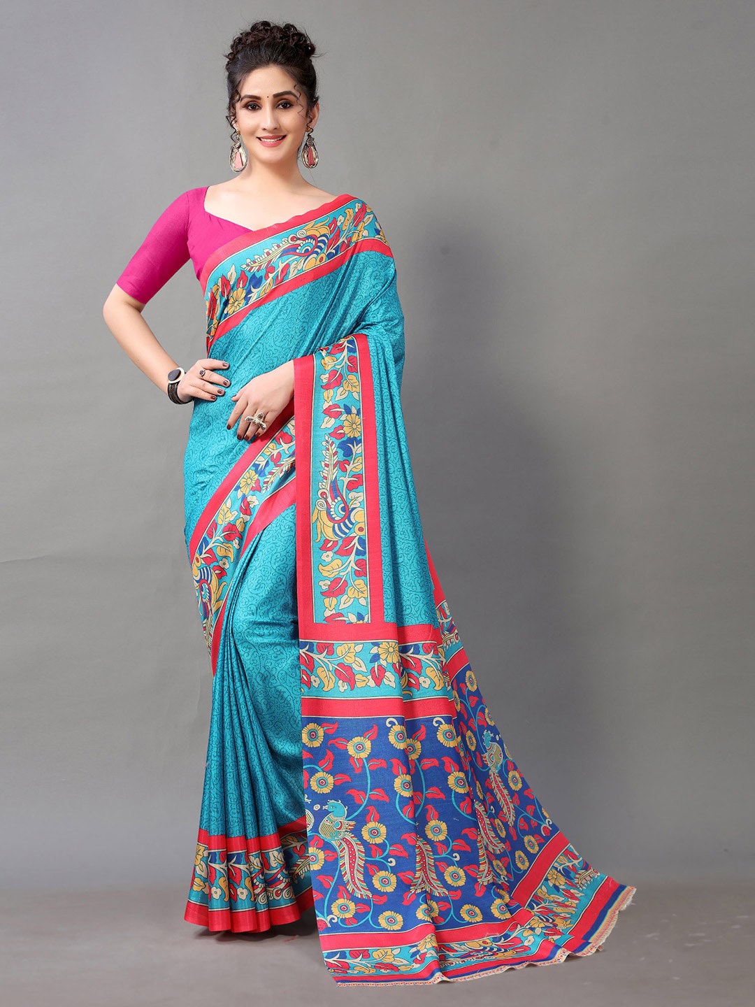 

HRITIKA Floral Printed Brasso Saree, Blue