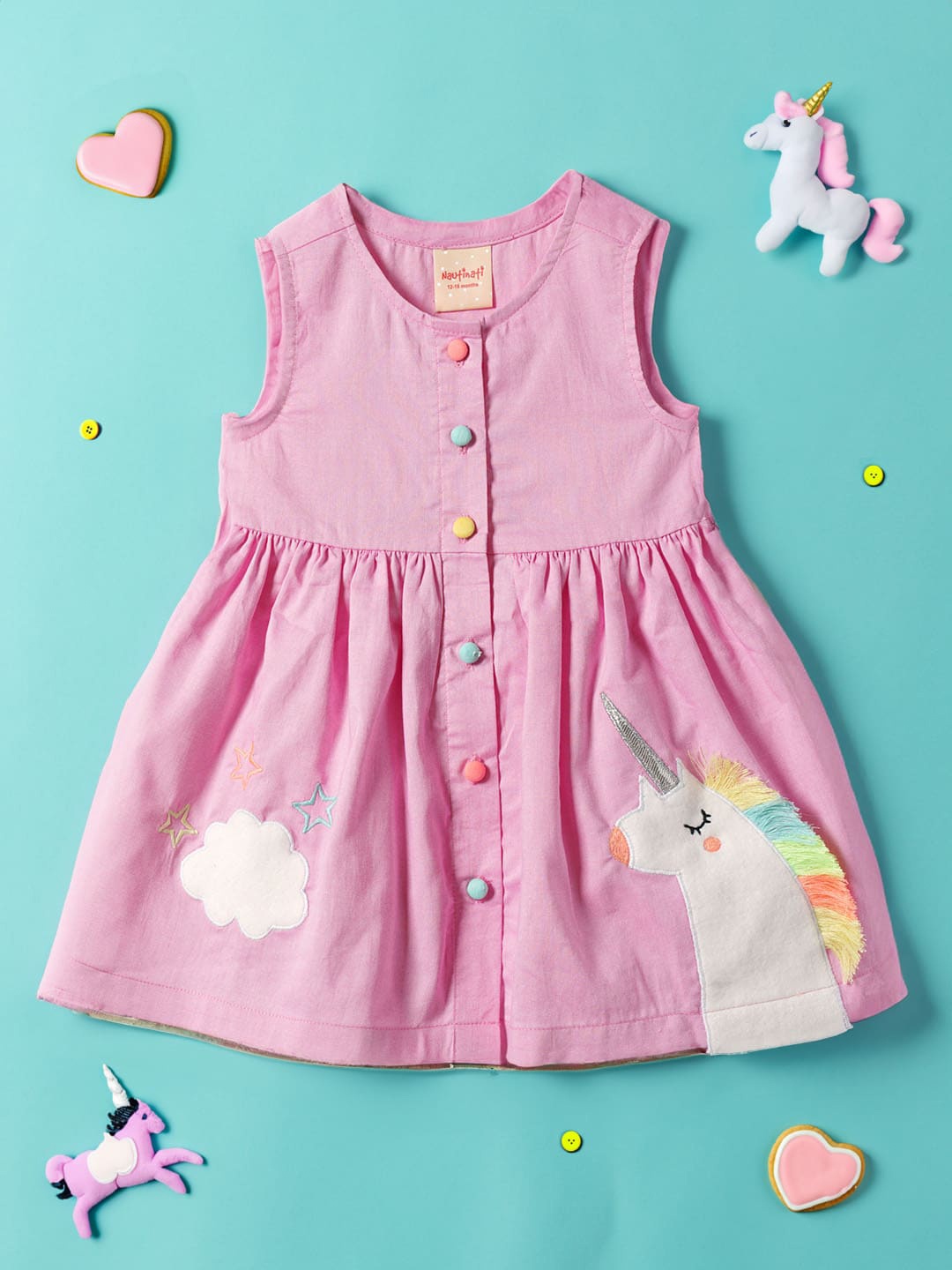 

Nauti Nati Infant Girls Unicorn Applique Pure Cotton Fit & Flare Dress, Pink