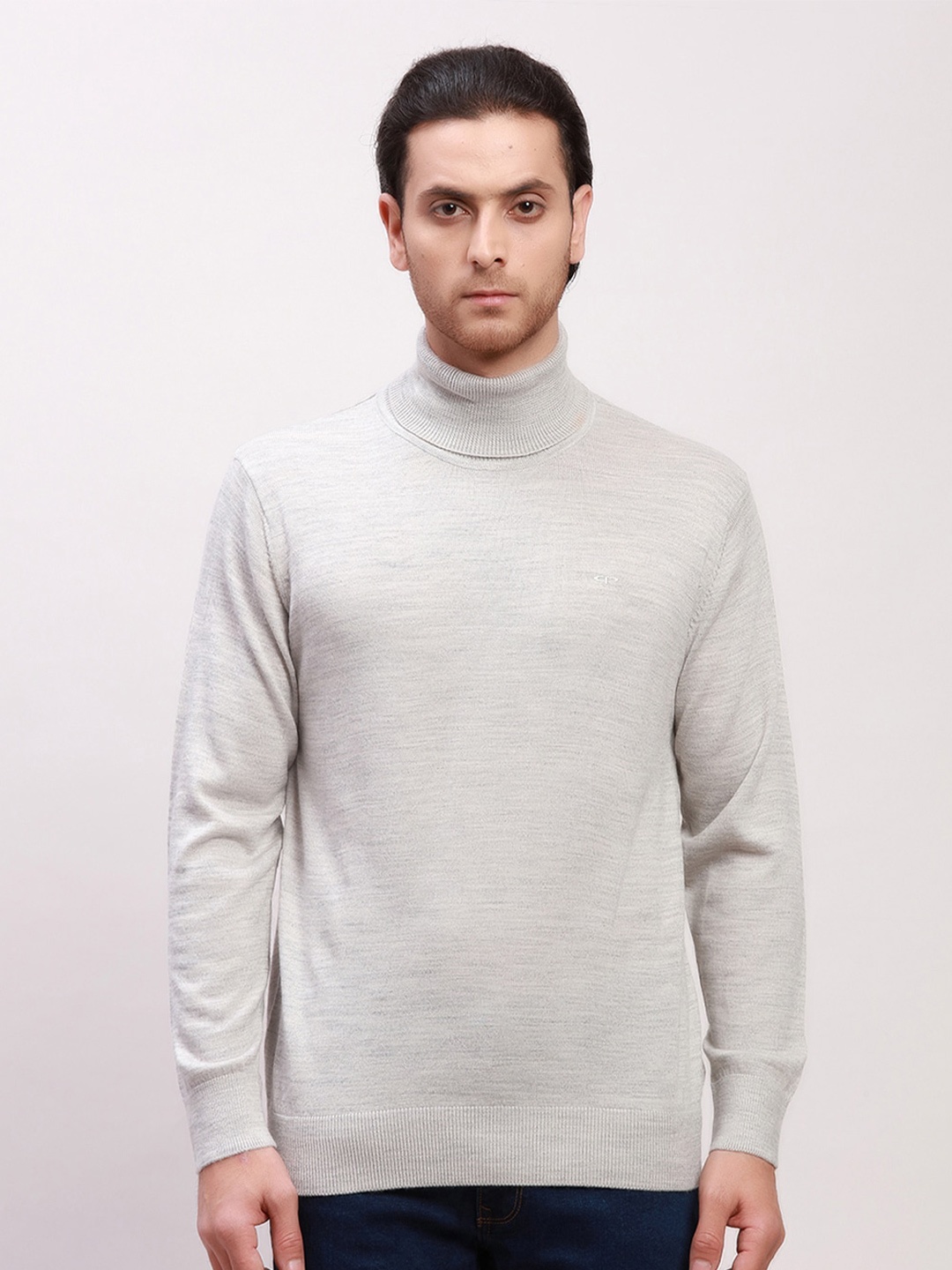 ColorPlus Mock Collar Long Sleeves Woollen Pullover Sweater, Grey