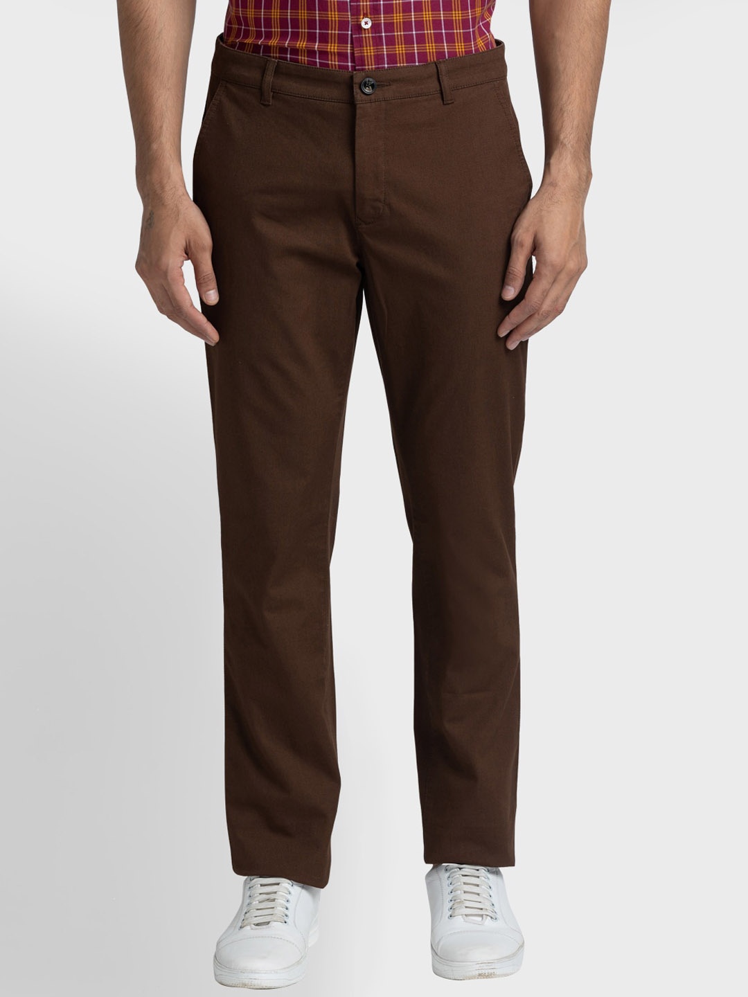

ColorPlus Men Mid-Rise Flat-Front Cotton Casual Trousers, Brown