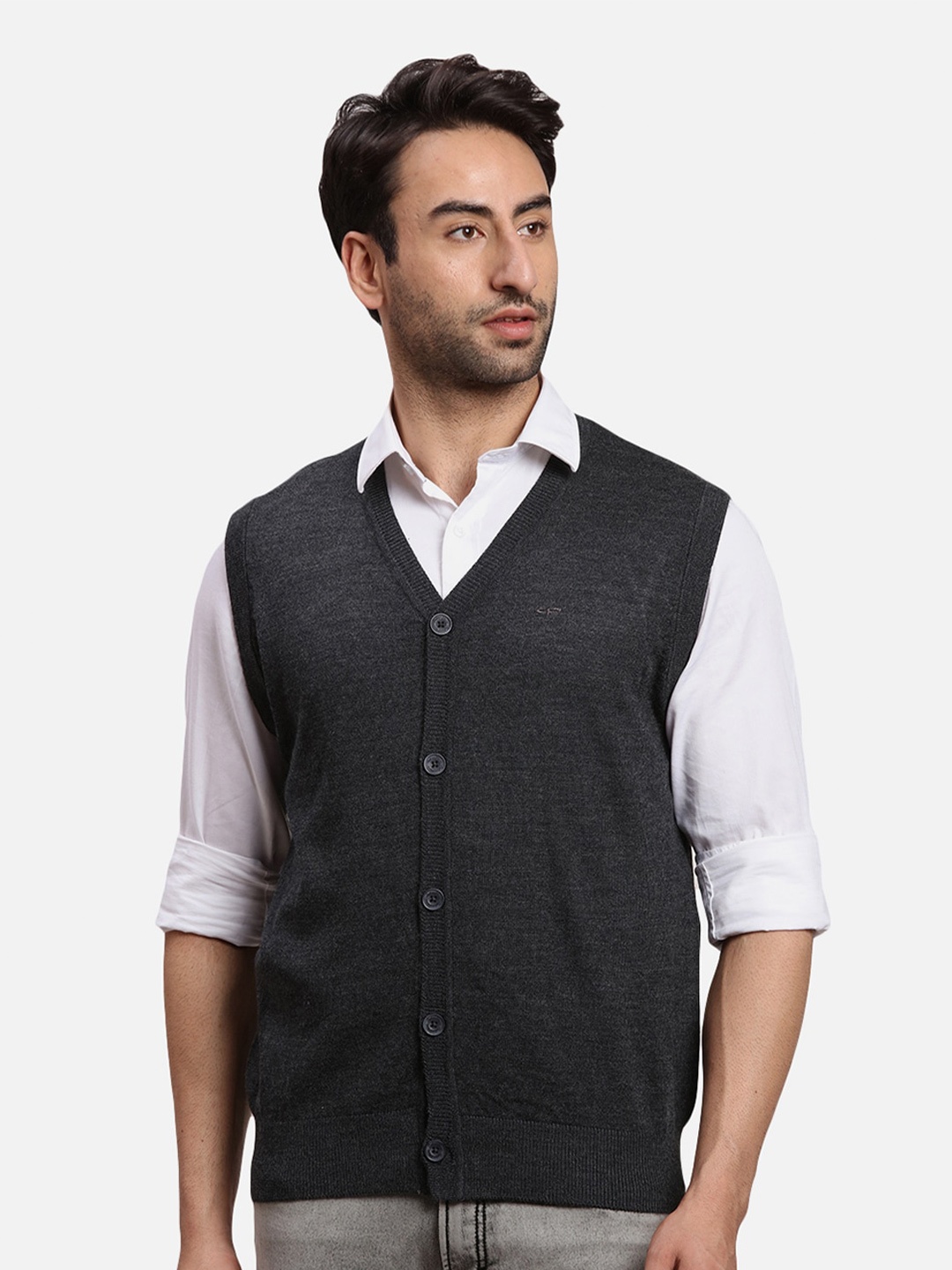 

ColorPlus Sleeveless Wool Acrylic Cardigan Sweater, Grey