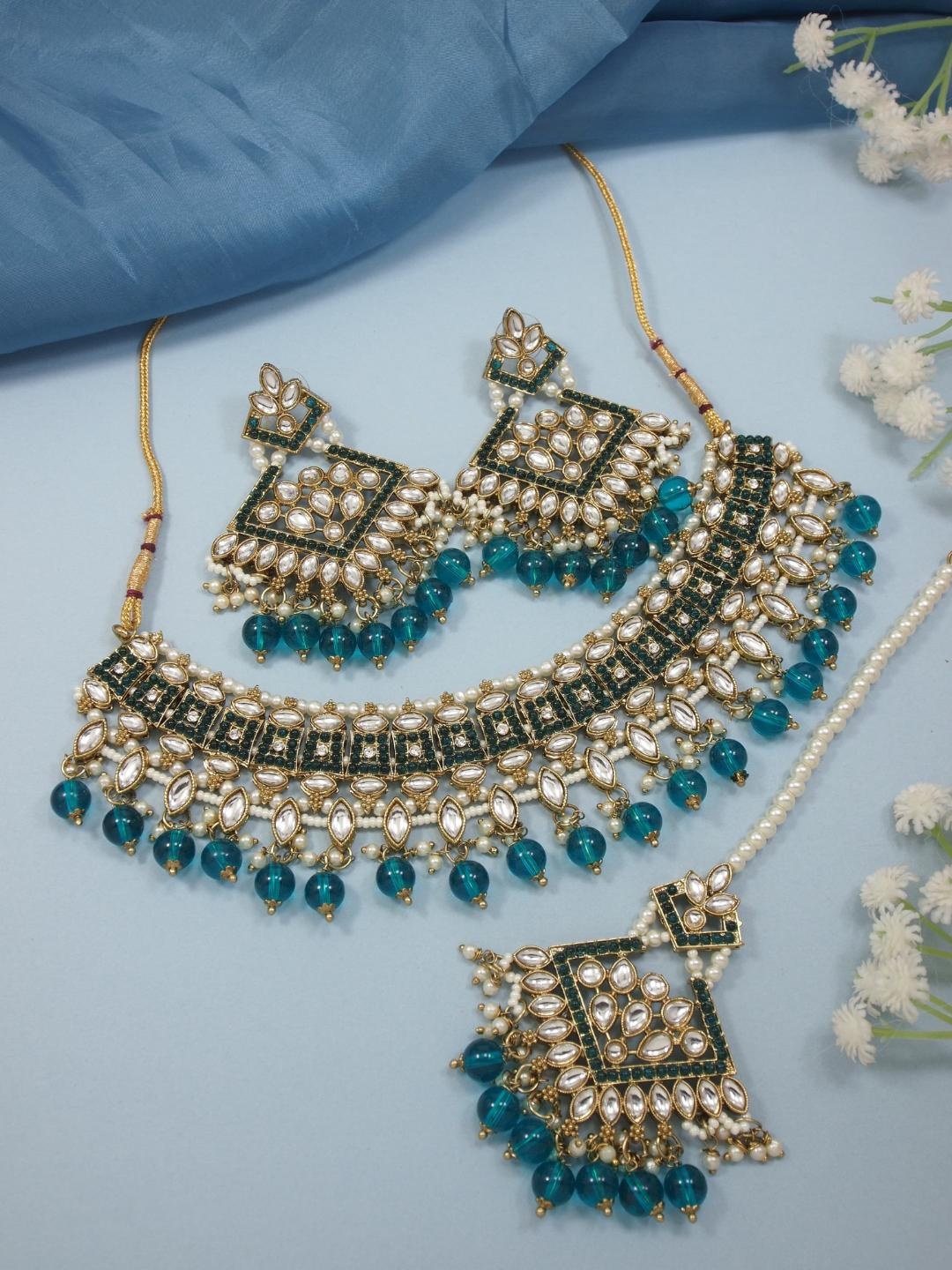 

I Jewels Gold Plated Kundan Studded & Pearls Beaded Jewellery Set