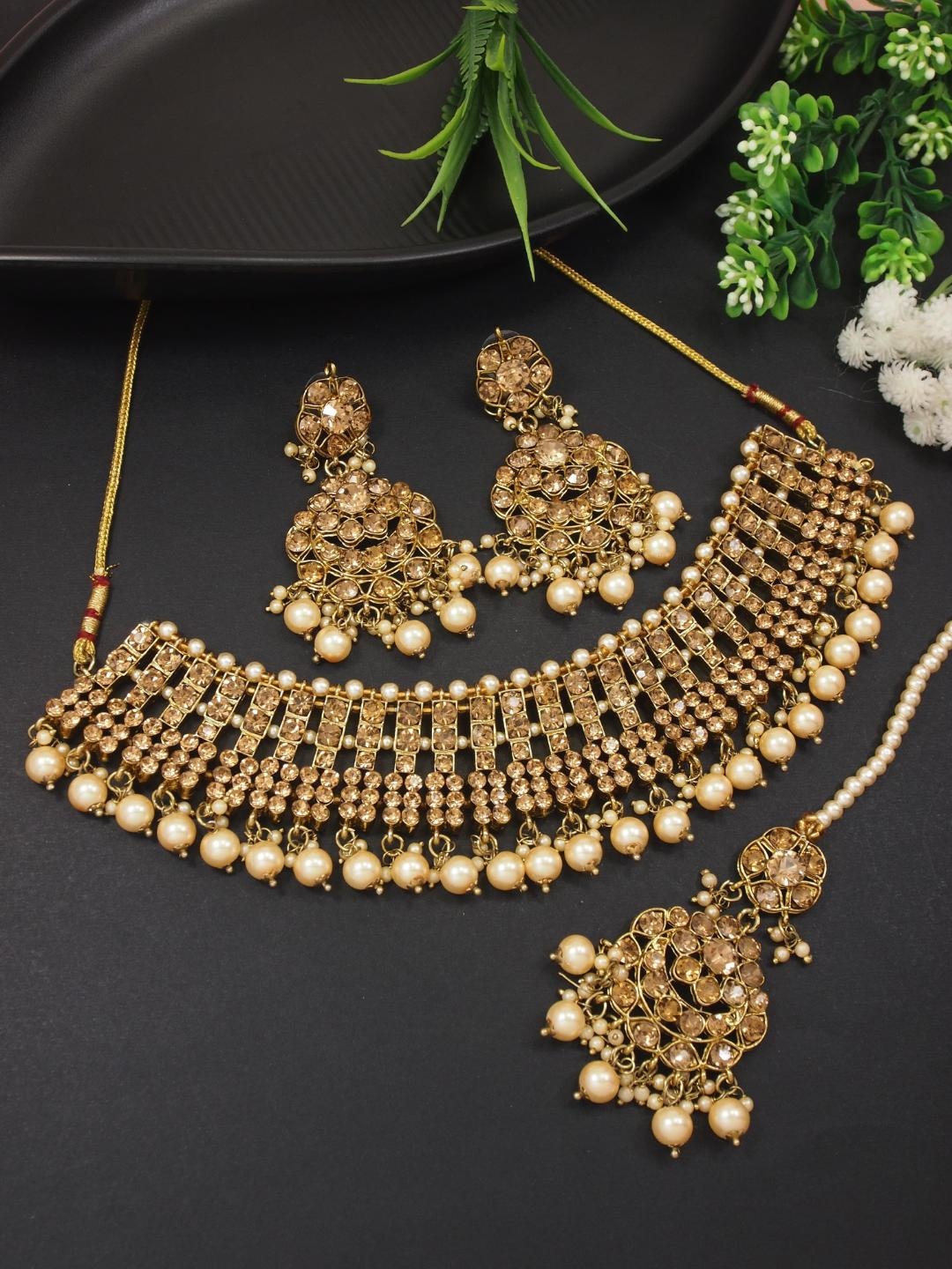 

I Jewels Gold Plated Stones Studded & Pearls Beaded Jewellery Set