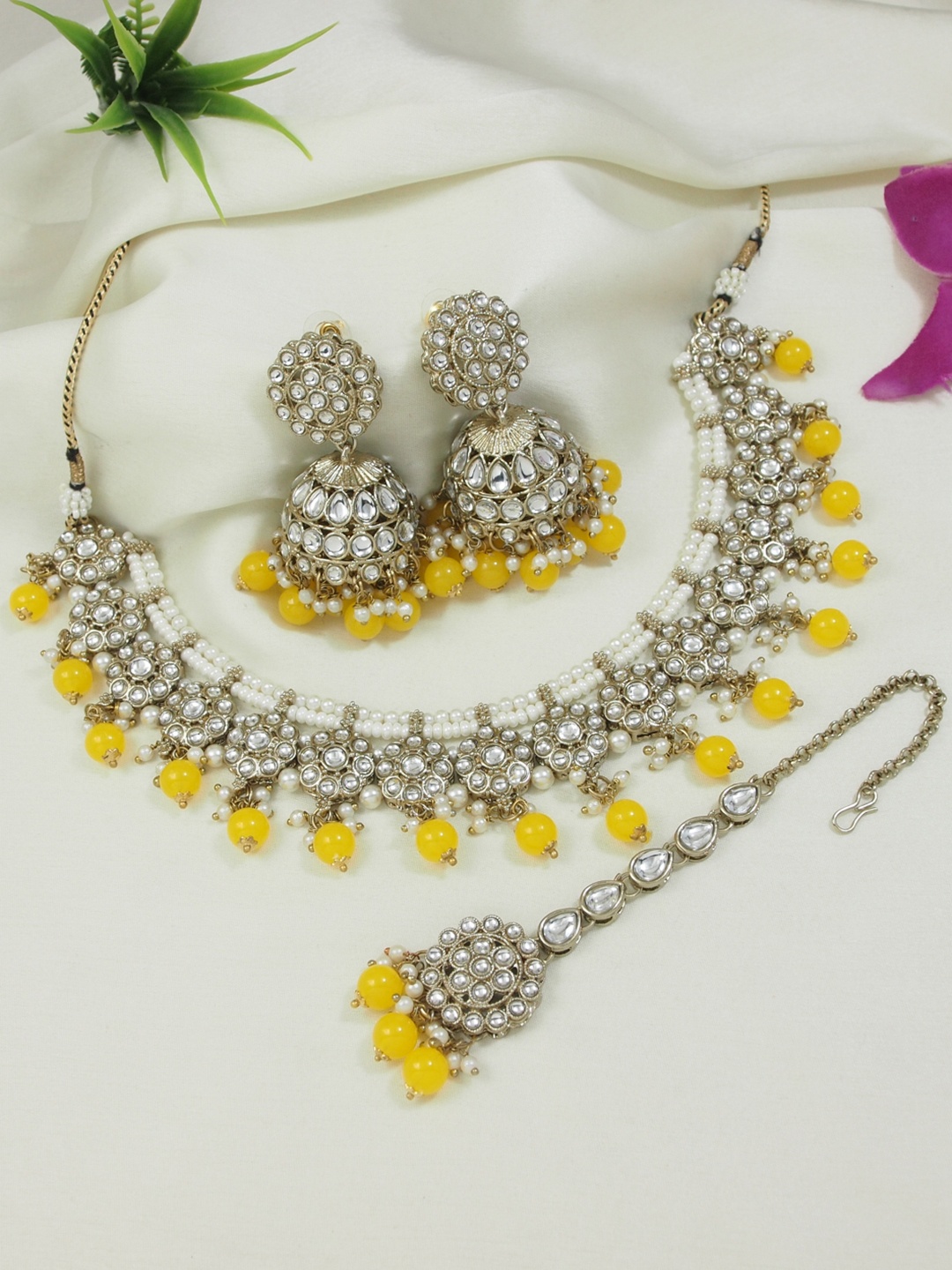 

I Jewels Gold-Plated Choker Necklace & Earrings Set With Maang Tika, Yellow