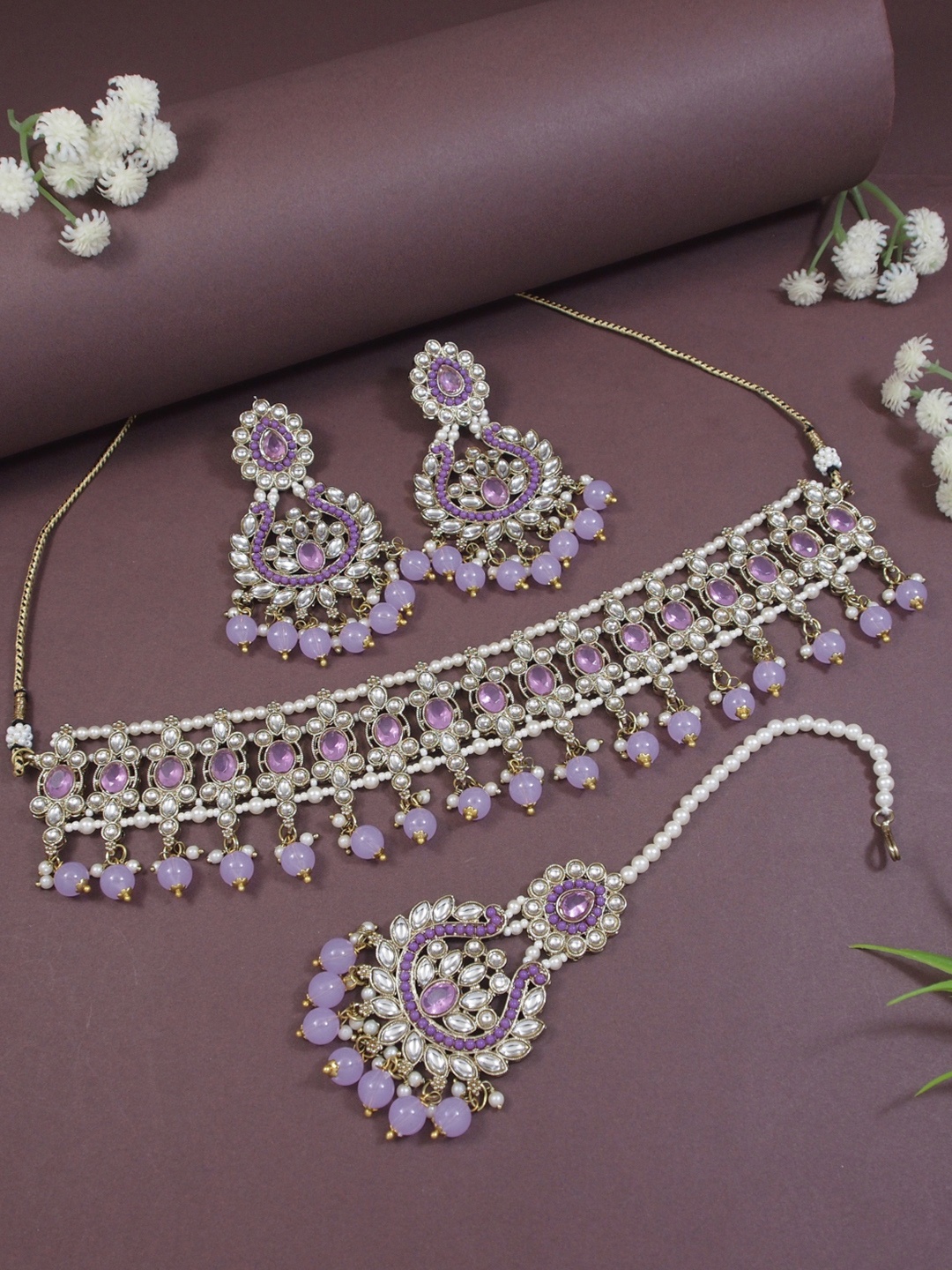 

I Jewels Gold-Plated Kundan-Studded & Beaded Jewellery Set
