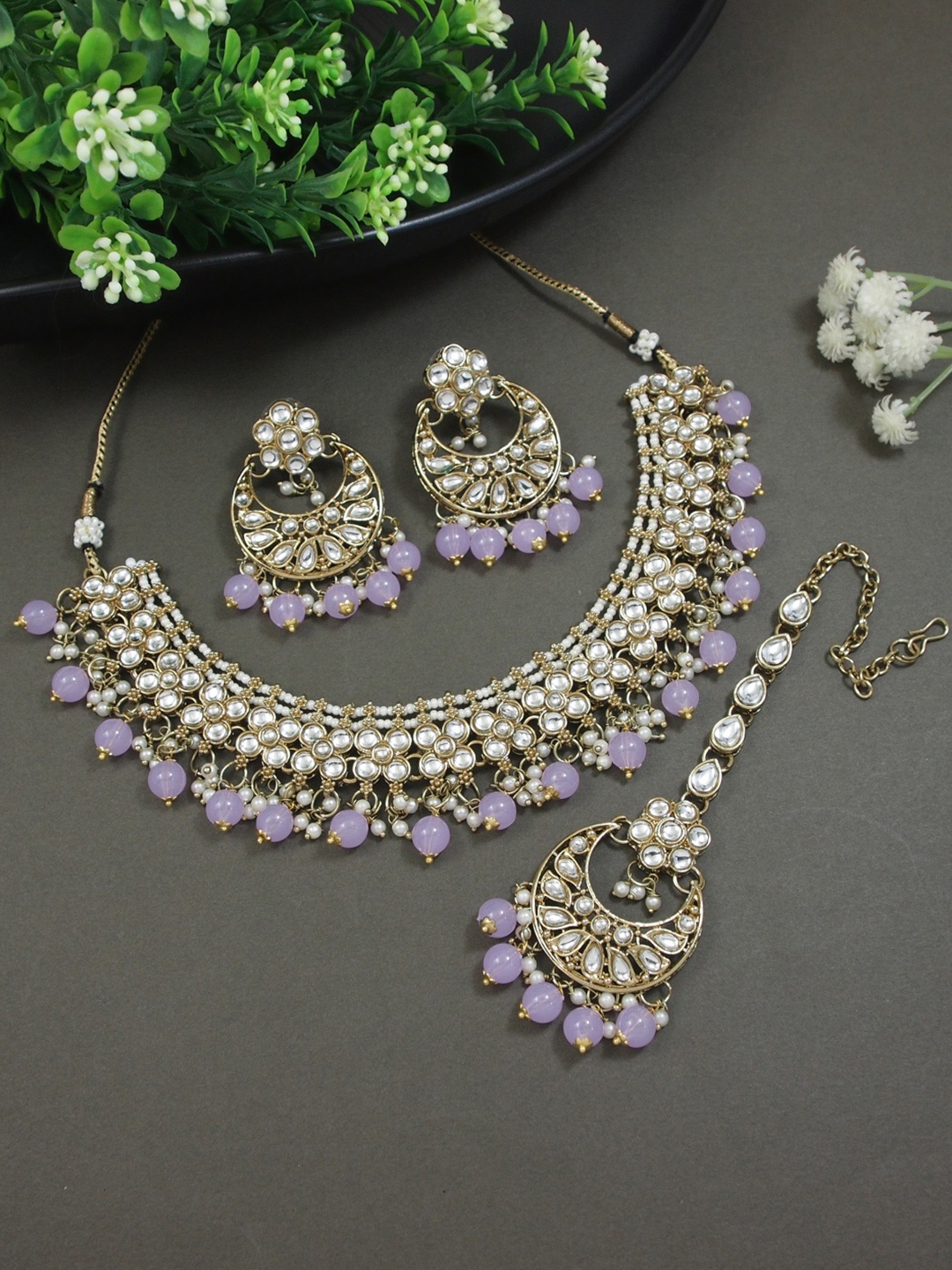 

I Jewels Gold-Plated Stones Studded & Beads Beaded Necklace With Earrings & Maang Tika