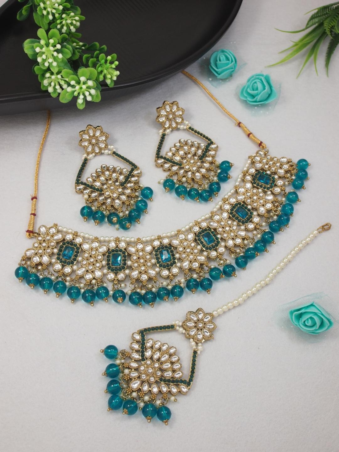 

I Jewels Gold-Plated Kundan Studded & Beads Beaded Necklace With Earrings & Maang Tika