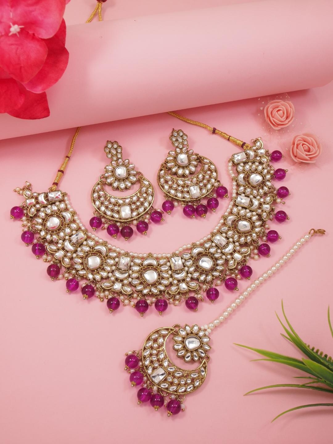 

I Jewels Gold-Plated Kundan Studded & Beads Beaded Necklace With Earrings & Maang Tika