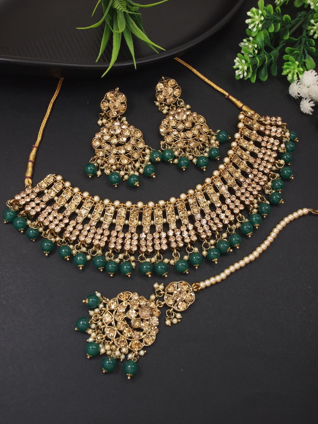 

I Jewels Gold-Plated Stones Studded & Beads Beaded Necklace With Earrings & Maang Tika