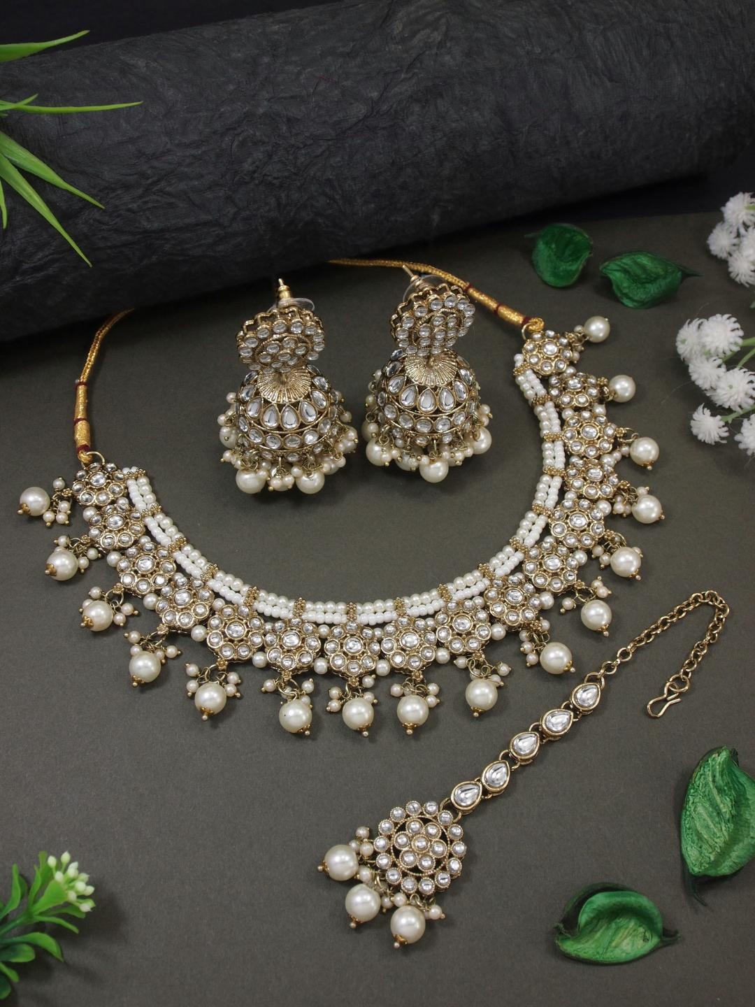 

I Jewels Gold Plated Kundan Studded & Pearls Beaded Jewellery Set