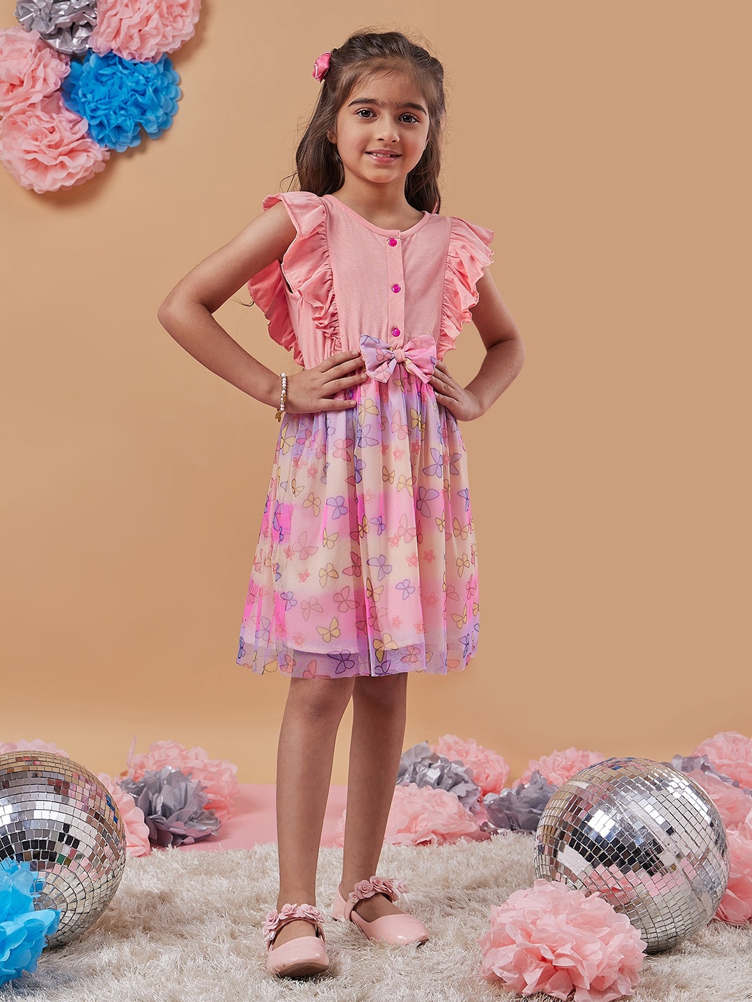 

pspeaches Girls Conversational Printed Net Fit & Flare Dress, Peach