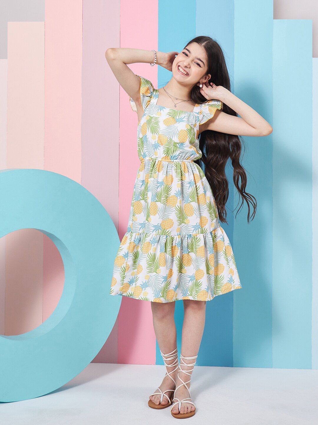 

pspeaches Girls Floral Print Square Neck Flutter Sleeves Fit & Flare Dress, White