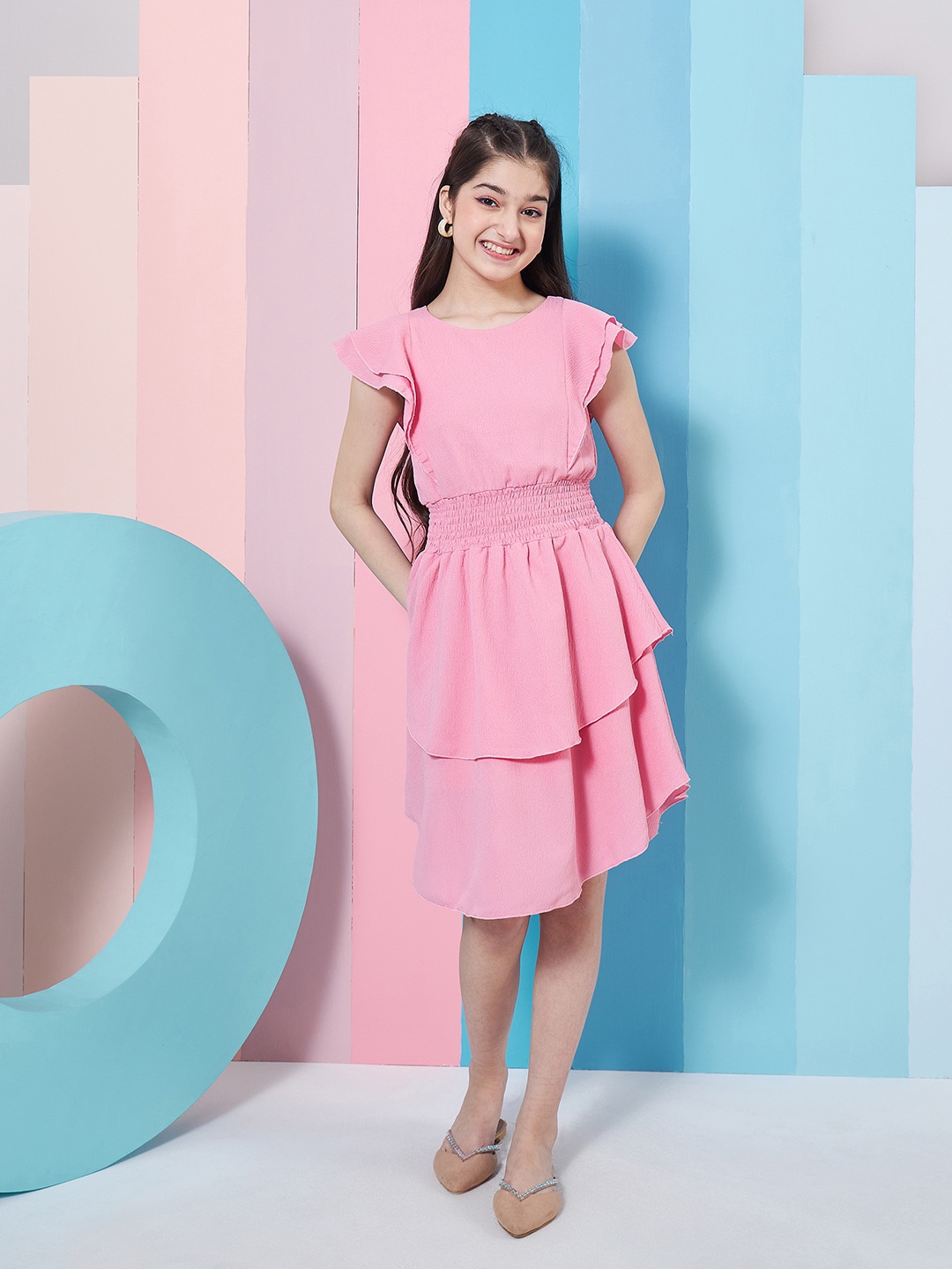 

pspeaches Girls Flutter Sleeve Layered Crepe Fit & Flare Dress, Pink