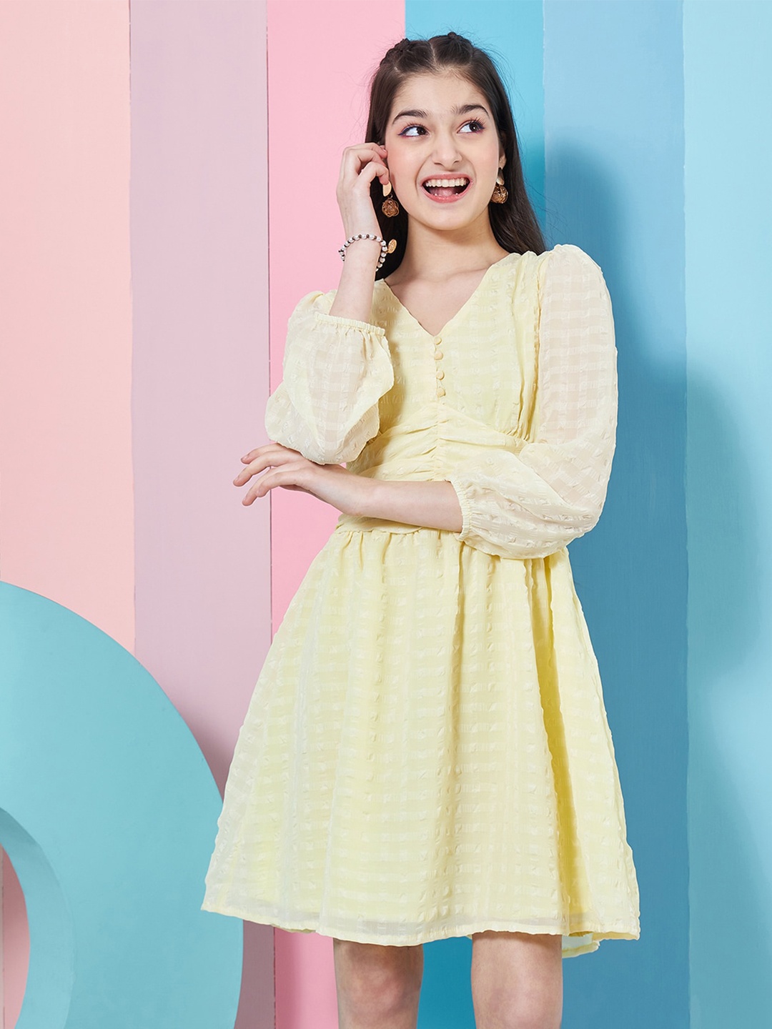 

pspeaches Self Design Puff Sleeve Georgette Fit & Flare Dress, Yellow