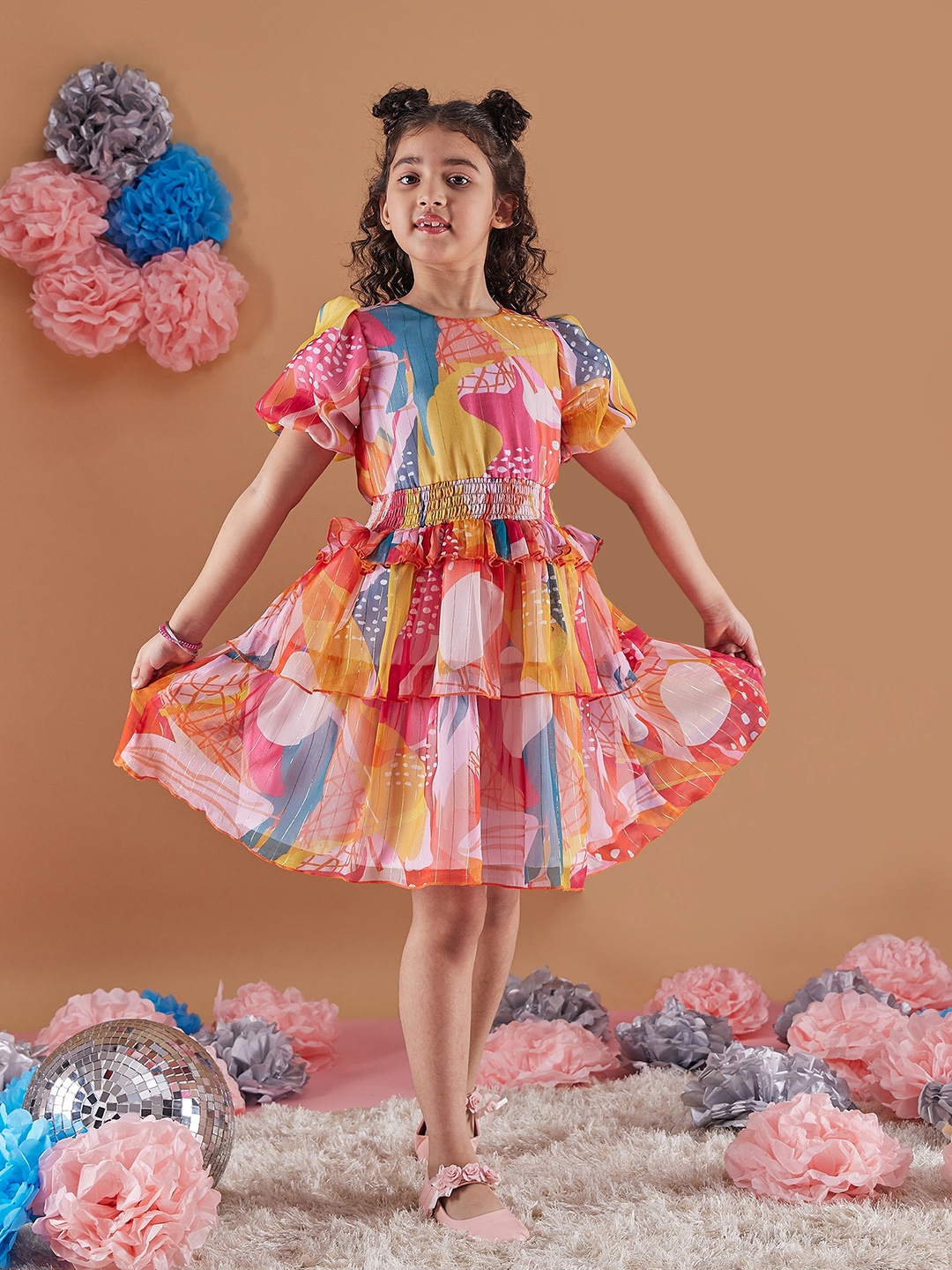 

pspeaches Girls Abstract Print Puff Sleeves Chiffon Fit & Flare Dress, Orange