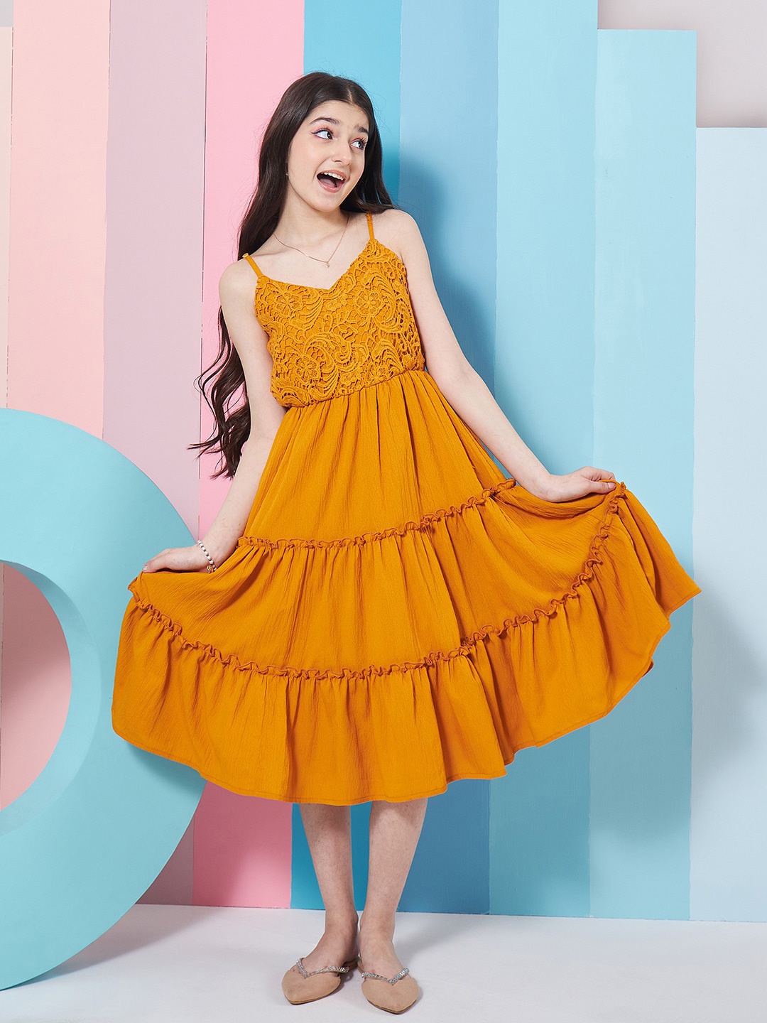 

pspeaches Girls Self Design Shoulder Strap Crepe Fit & flare Midi Dress, Mustard