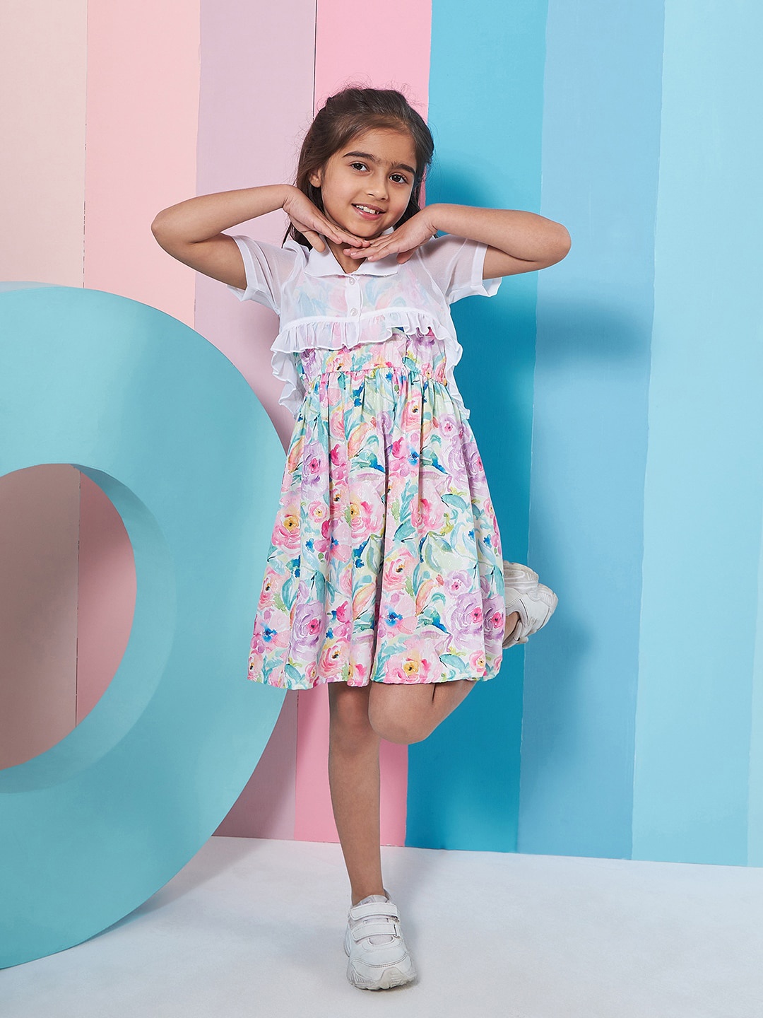 pspeaches Girls Floral Print Shoulder Strap Georgette Fit & Flare Dress, Blue