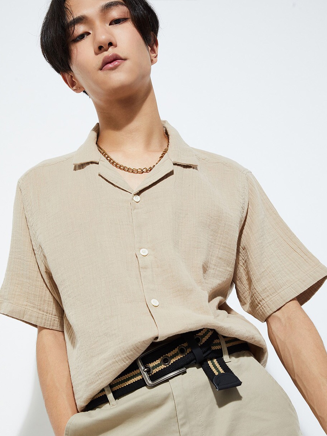 

max URB_N Men Checked Textured Standard Spread Collar Short Sleeves Cotton Casual Shirt, Beige