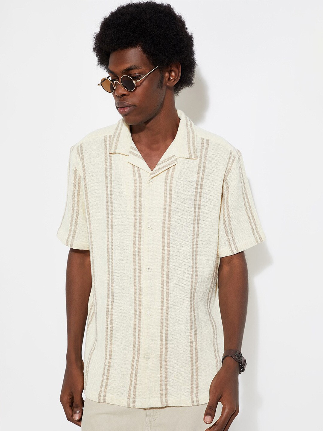 

max URB_N Standard Opaque Striped Cotton Casual Shirt, Beige