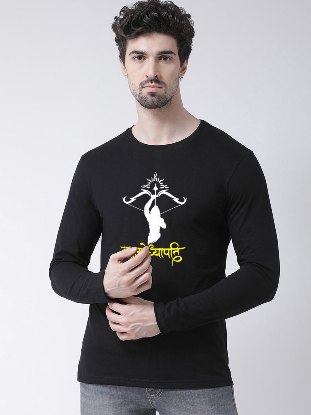 

Friskers Printed Round Neck Long Sleeves Slim Fit Cotton T-shirt, Black