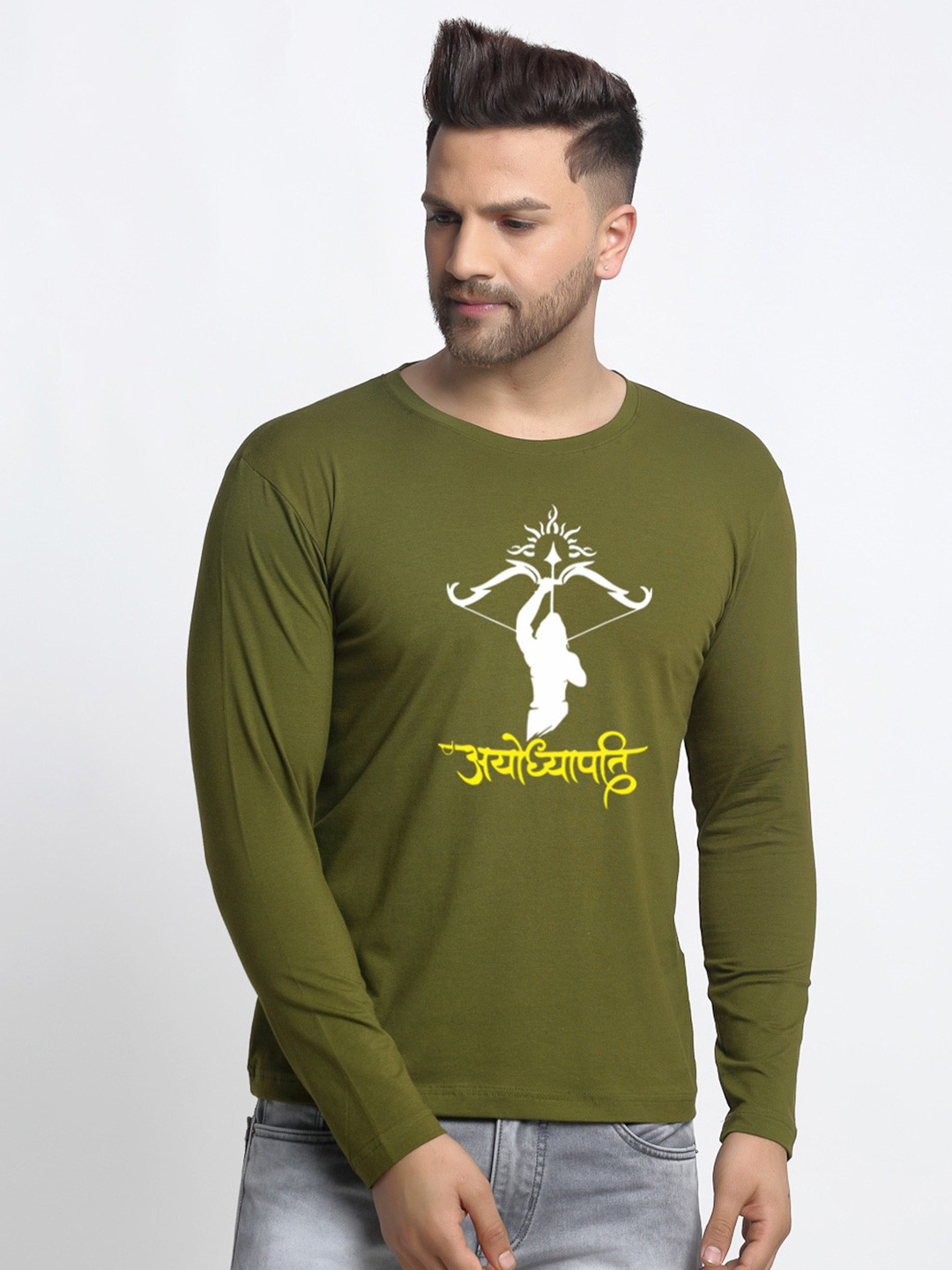 

Friskers Printed Round Neck Long Sleeves Slim Fit Cotton T-shirt, Olive