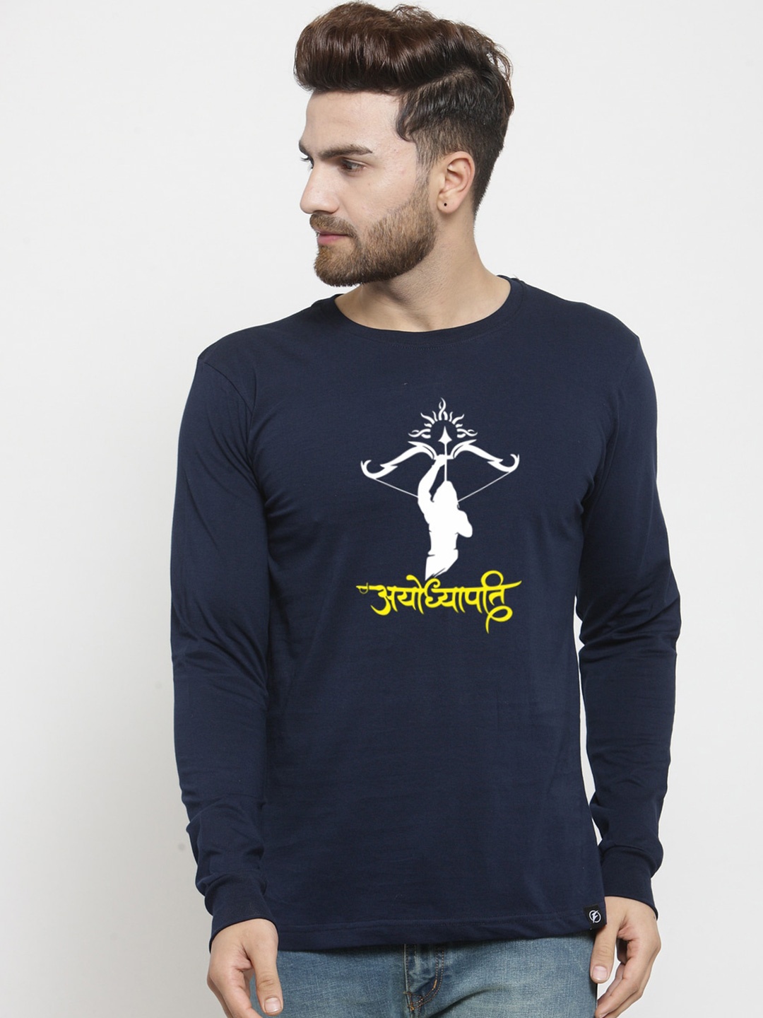 

Friskers Printed Round Neck Long Sleeves Slim Fit Cotton T-shirt, Navy blue
