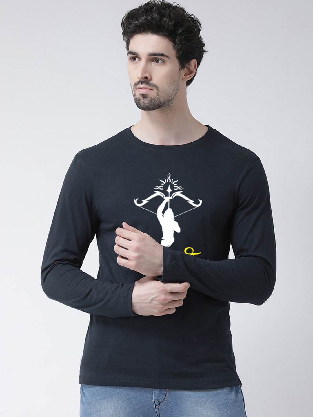 

Friskers Printed Round Neck Long Sleeves Slim Fit Cotton T-shirt, Navy blue