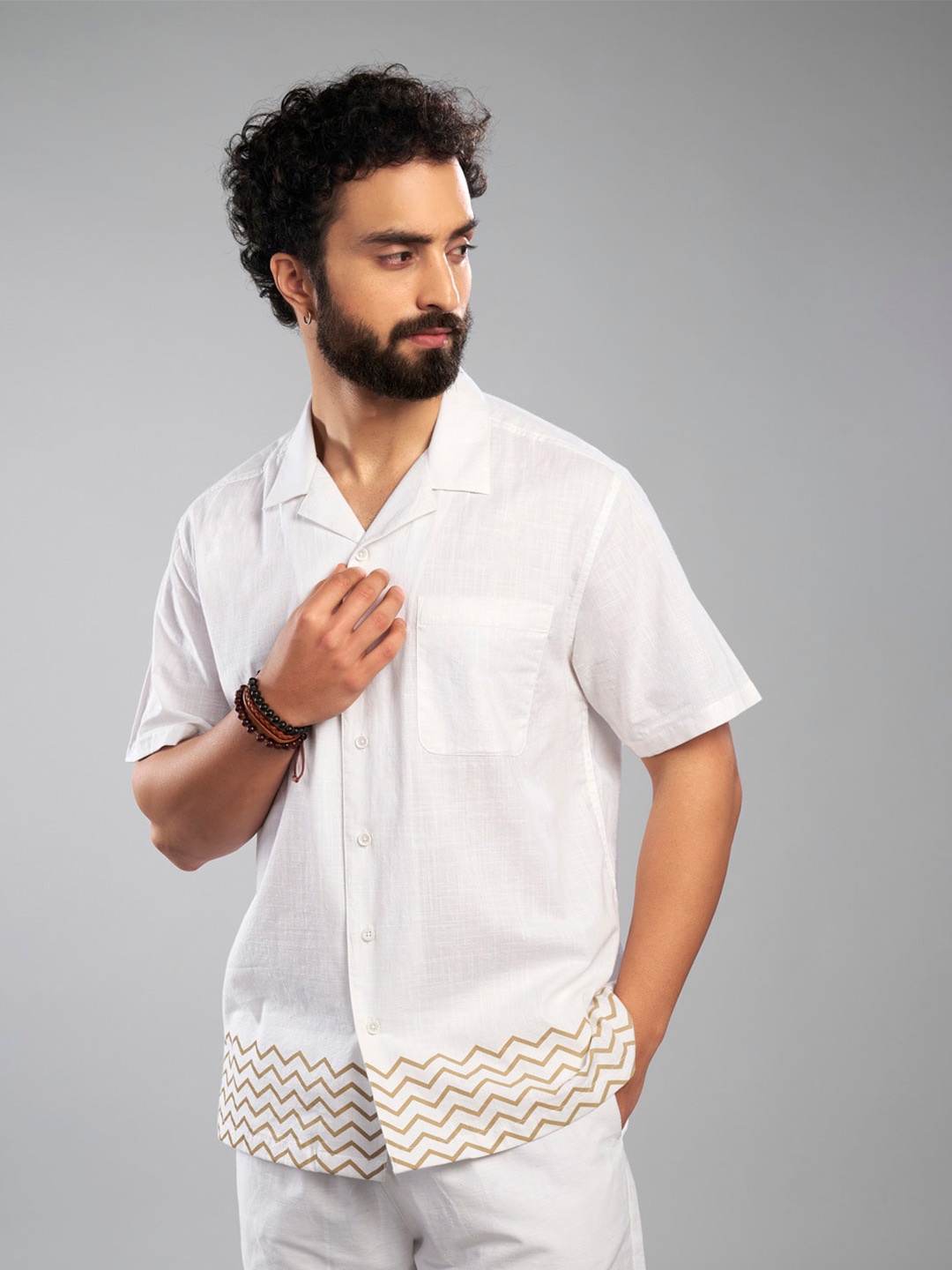 

KINGDOM OF WHITE Striped Textured Premium Spread Collar Cotton Casual Shirt