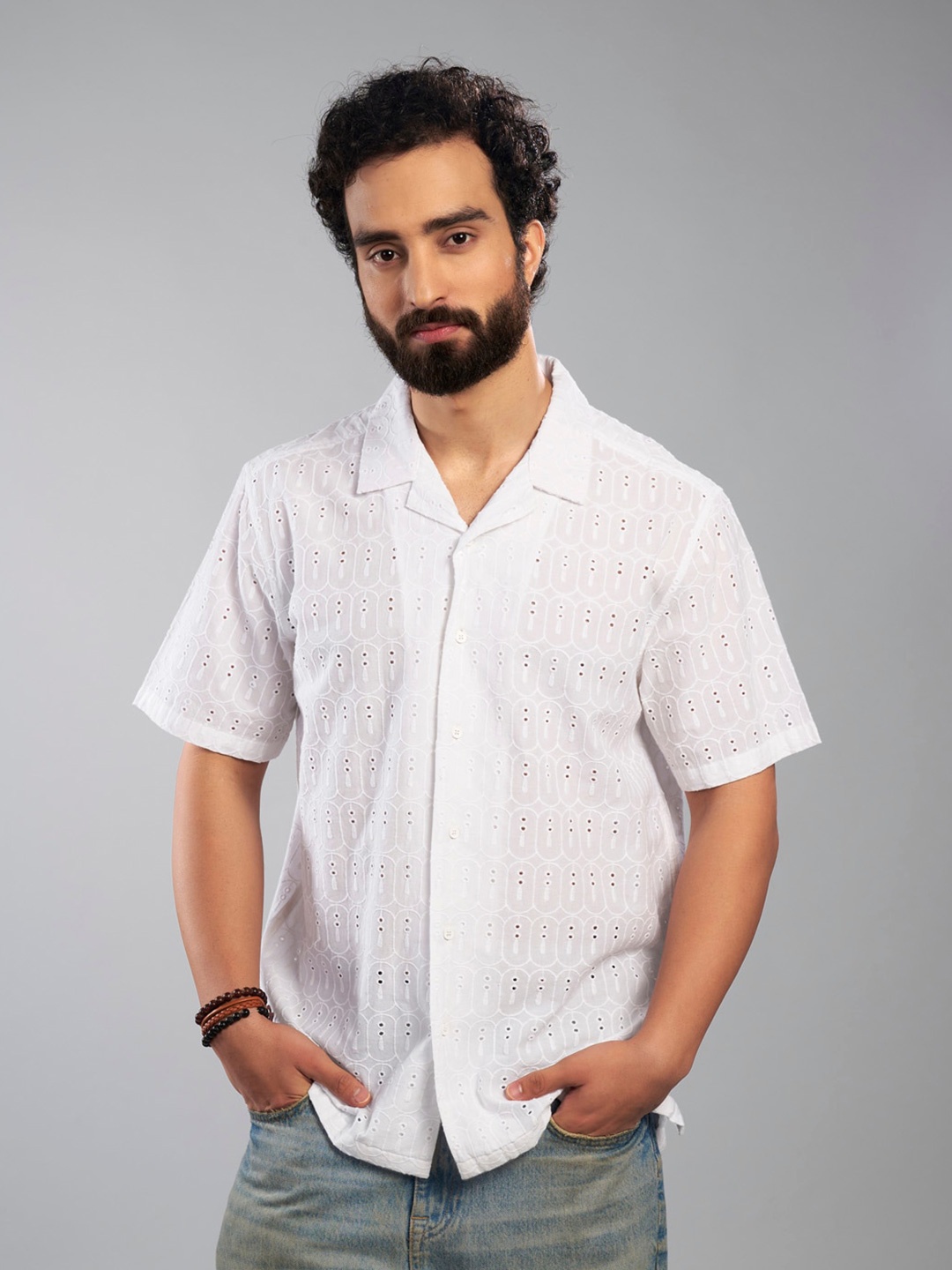 

KINGDOM OF WHITE Premium Self Design Textured Spread Collar Cotton Casual Shirt
