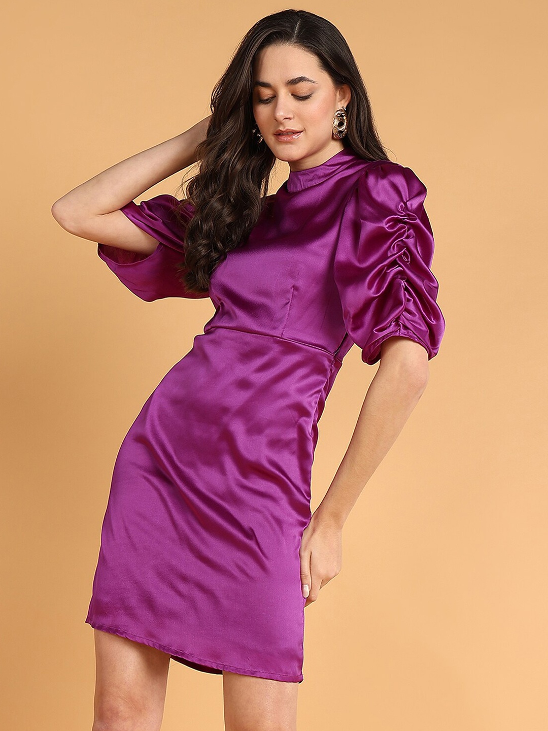 

DODO & MOA Purple High Neck Satin Sheath Dress